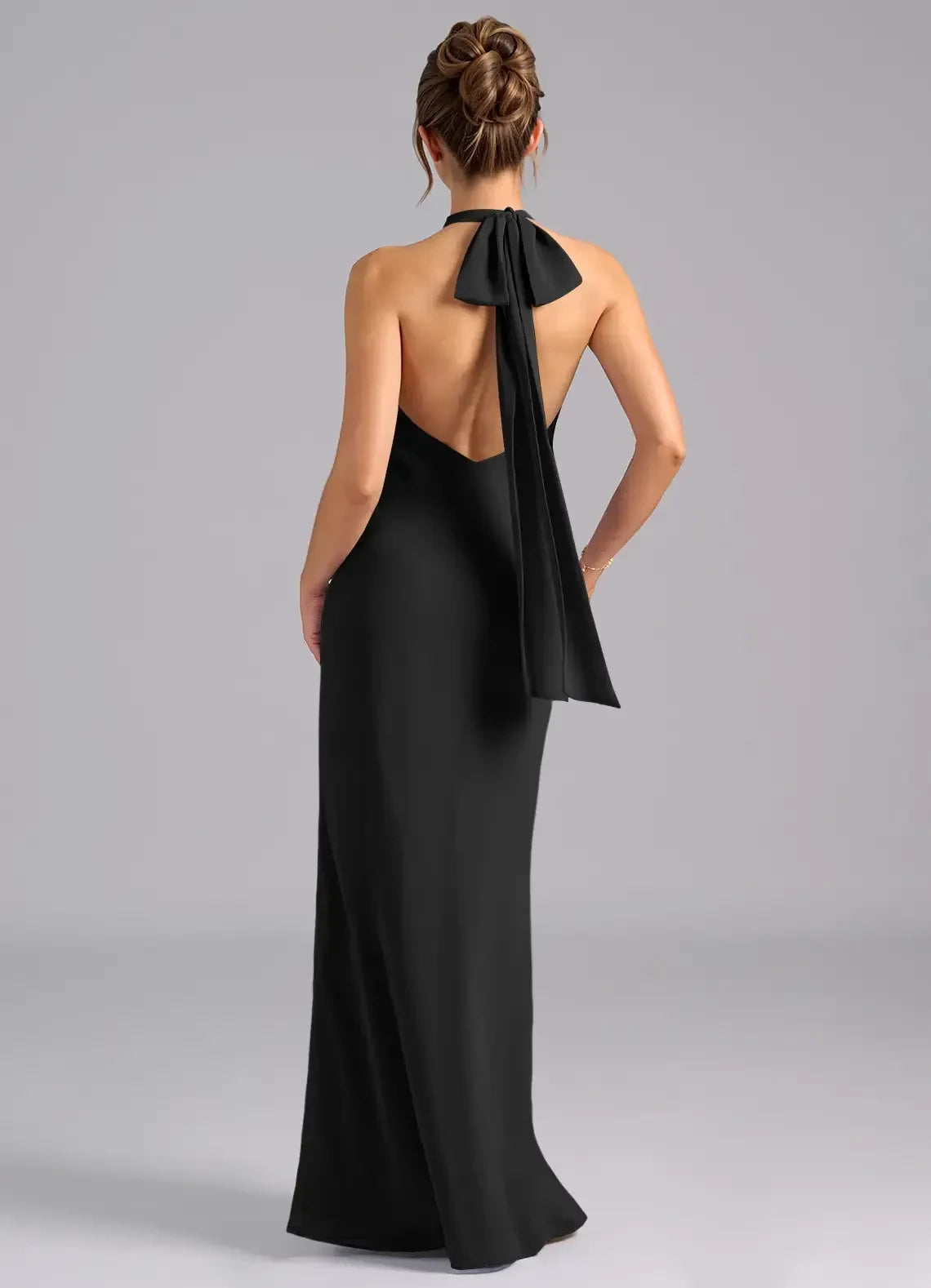 Glamorous Sheath Halter Neck Sleeveless Bow Back Floor Length Bridesmaid Dress