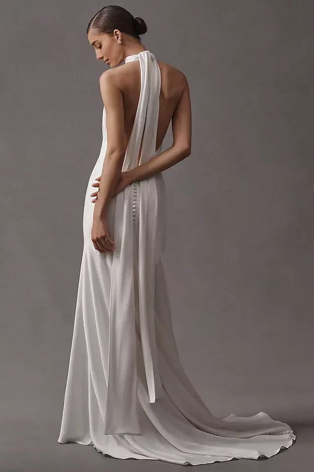 Glamorous Sheath Halter Neck Sleeveless Open Back Floor Length Wedding Dress