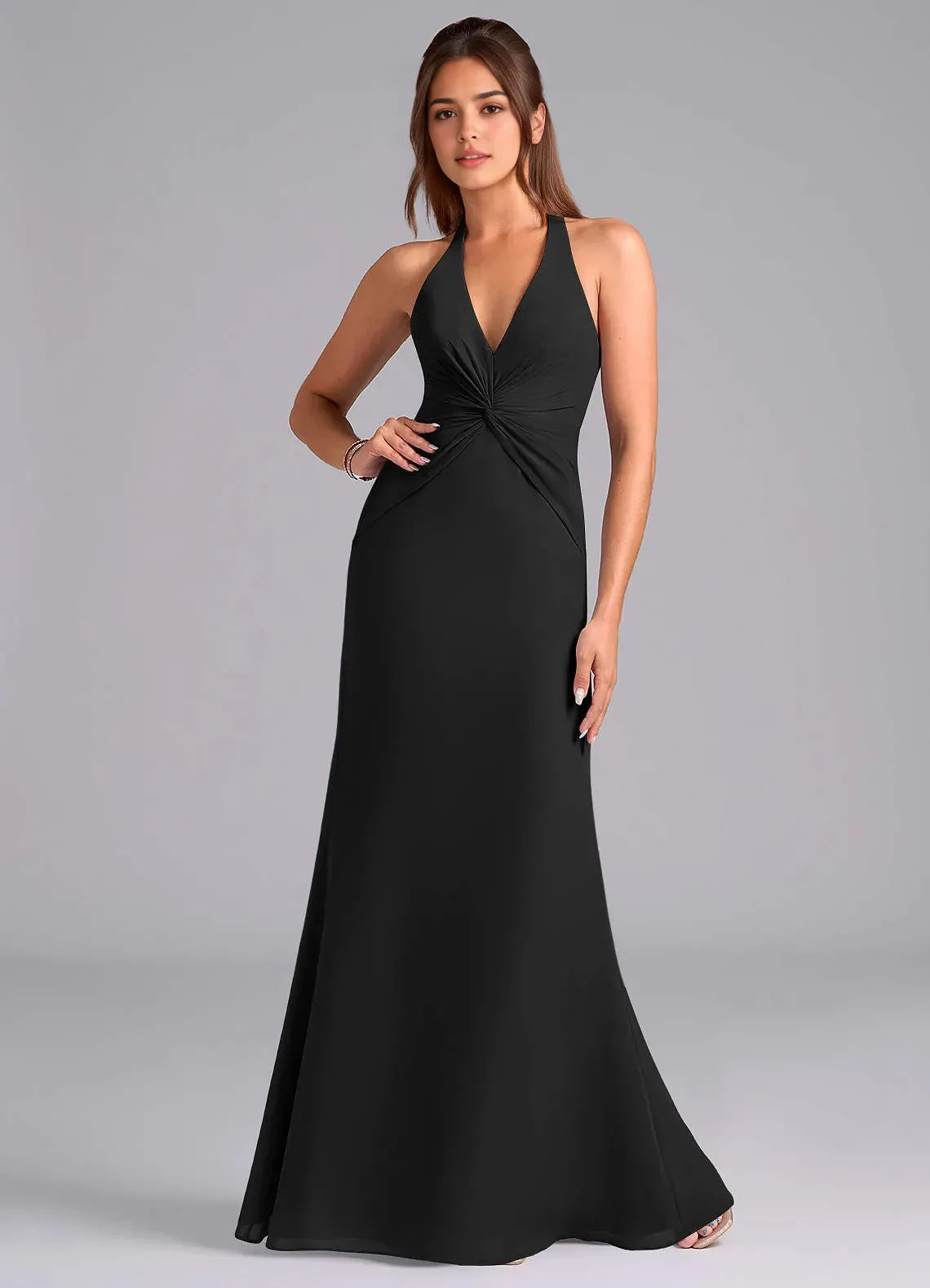 Glamorous Sheath Halter Neck Sleeveless Tie Back Floor Length Bridesmaid Dress