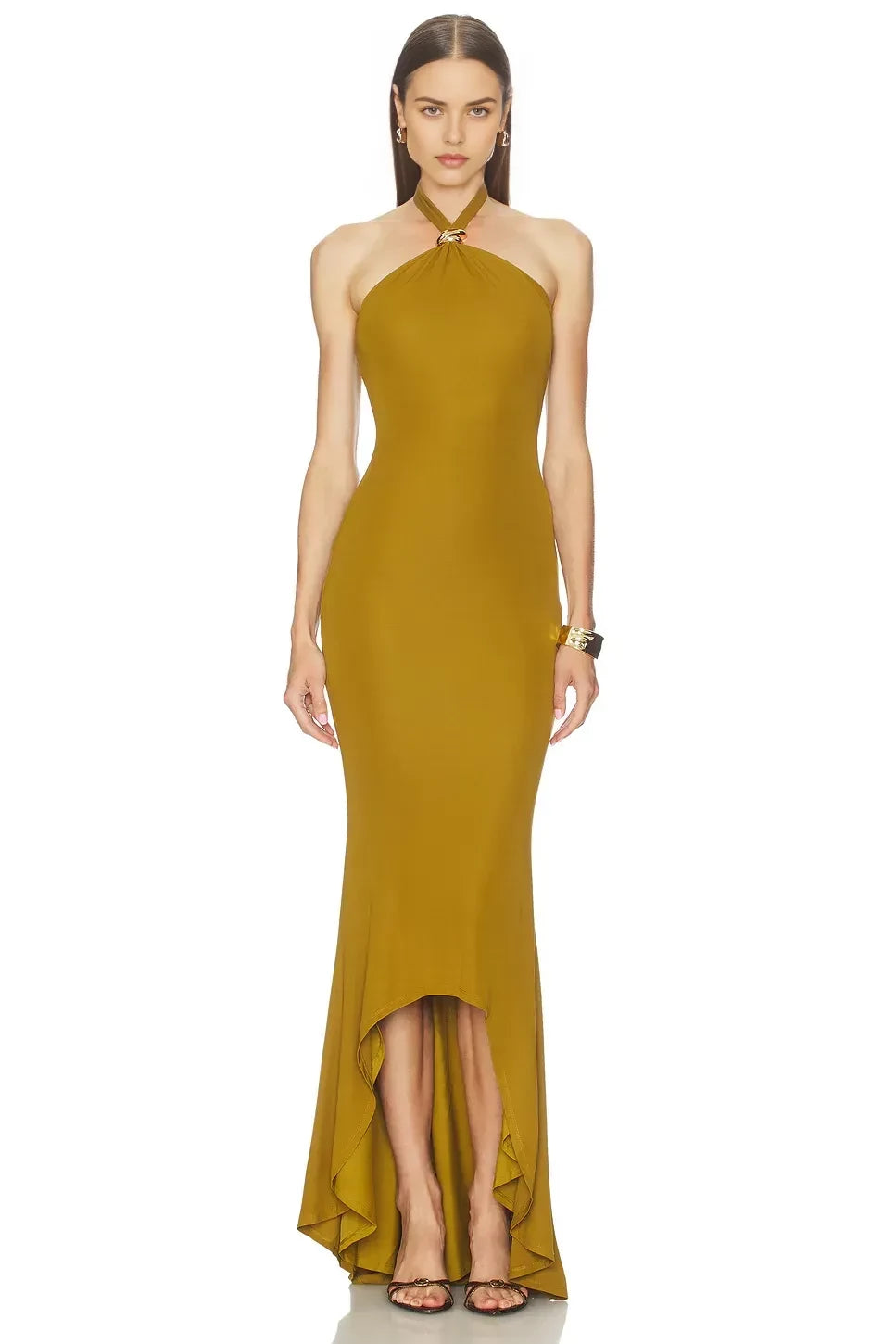 Glamorous Sheath Halter Neck Sleeveless Tie Back High Low Evening Dress