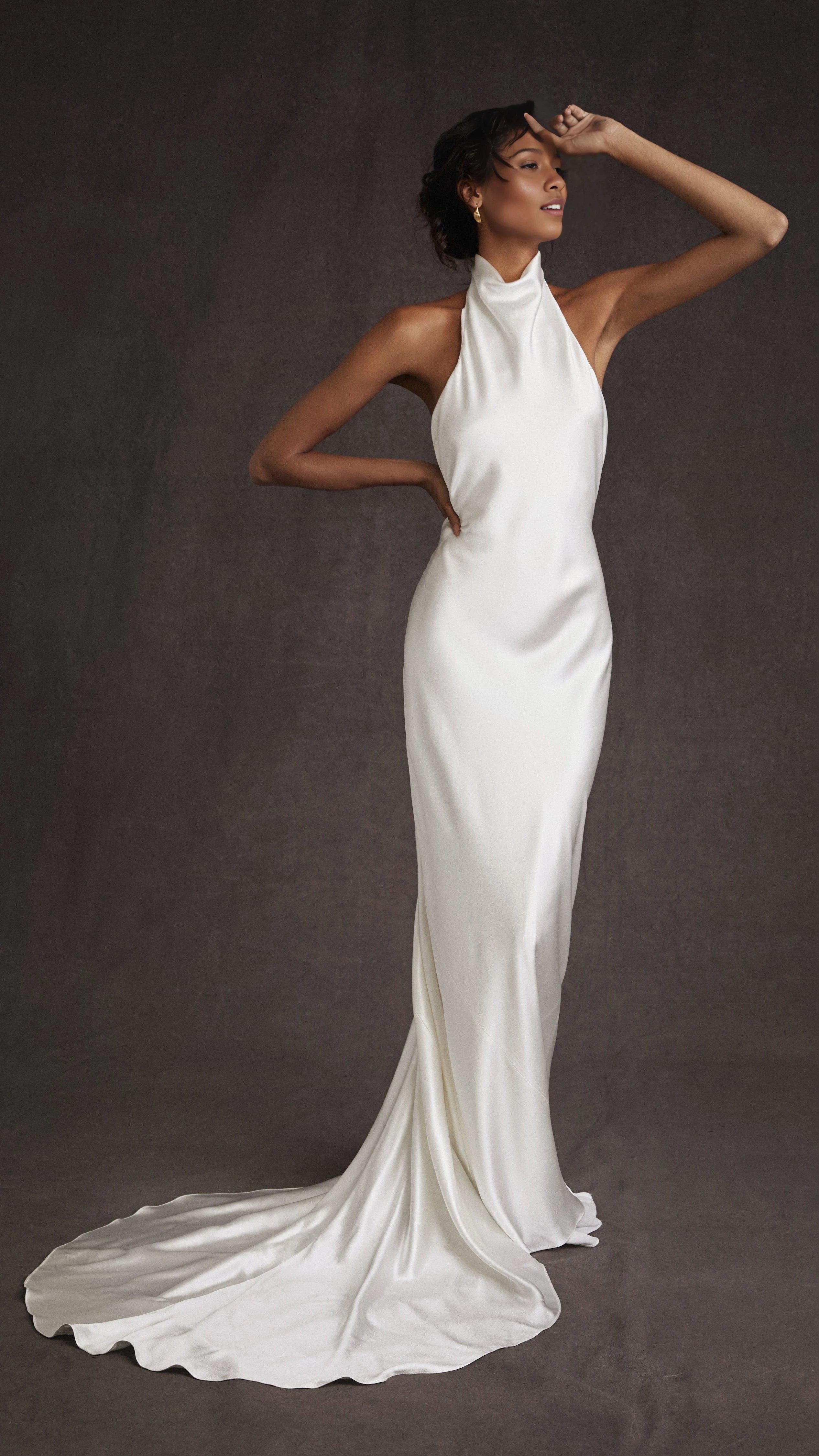 Glamorous Sheath High Neck Sleeveless Cowl Back Floor Length Wedding Dress