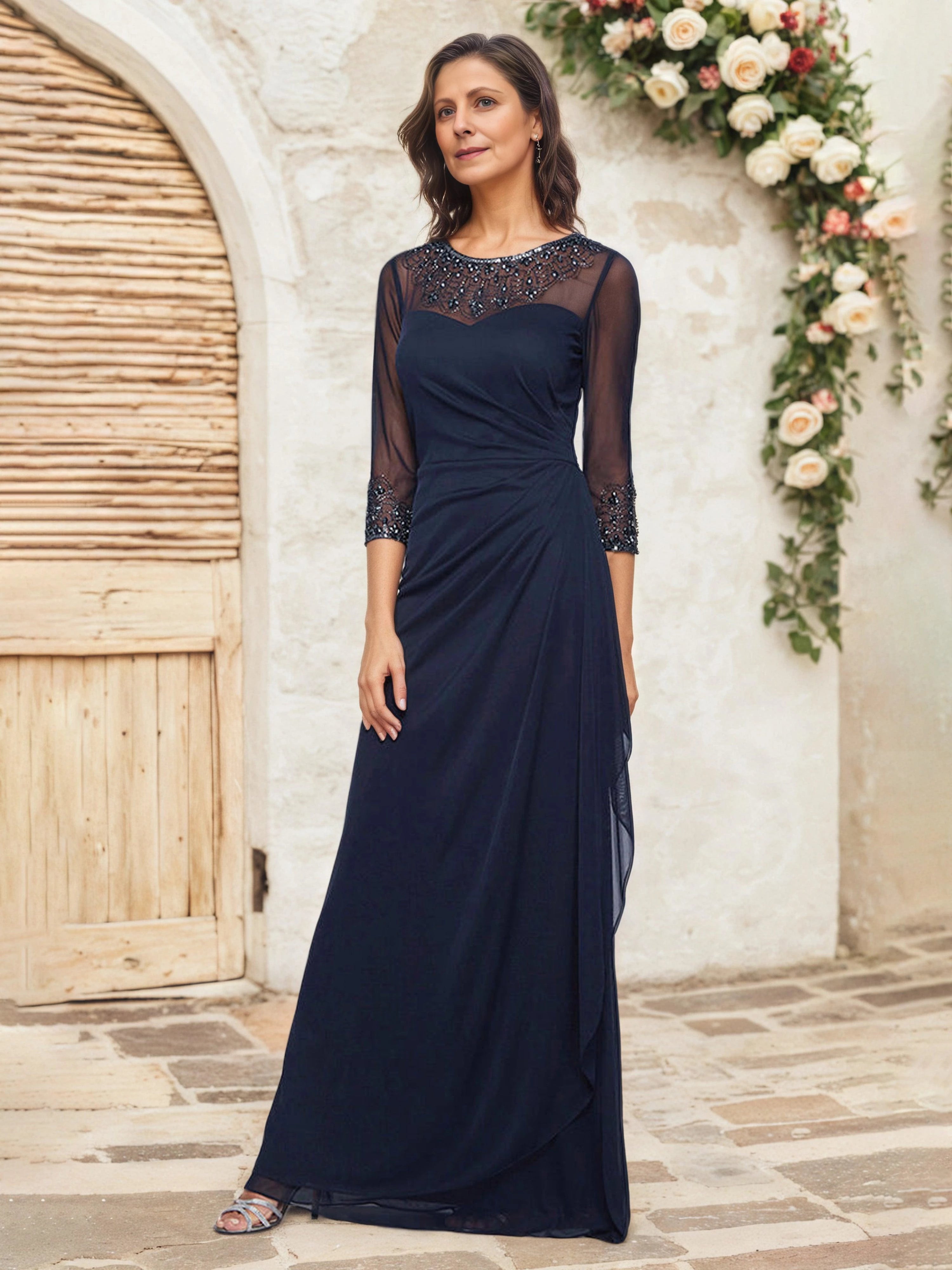 Glamorous Sheath Illusion Neck Three Quarter Sleeve Beaded Back Floor Length Mother of the Bride Dress