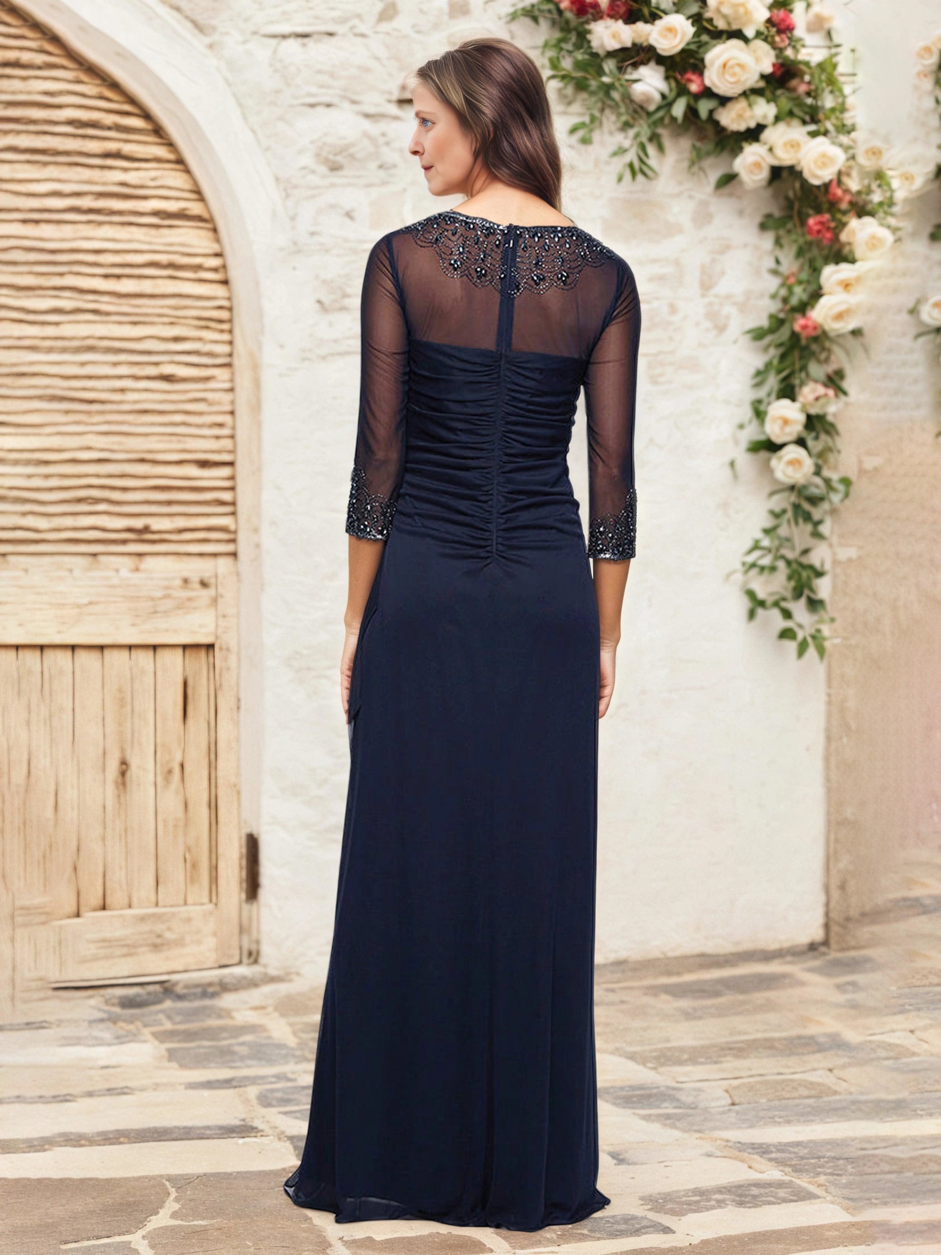 Glamorous Sheath Illusion Neck Three Quarter Sleeve Beaded Back Floor Length Mother of the Bride Dress