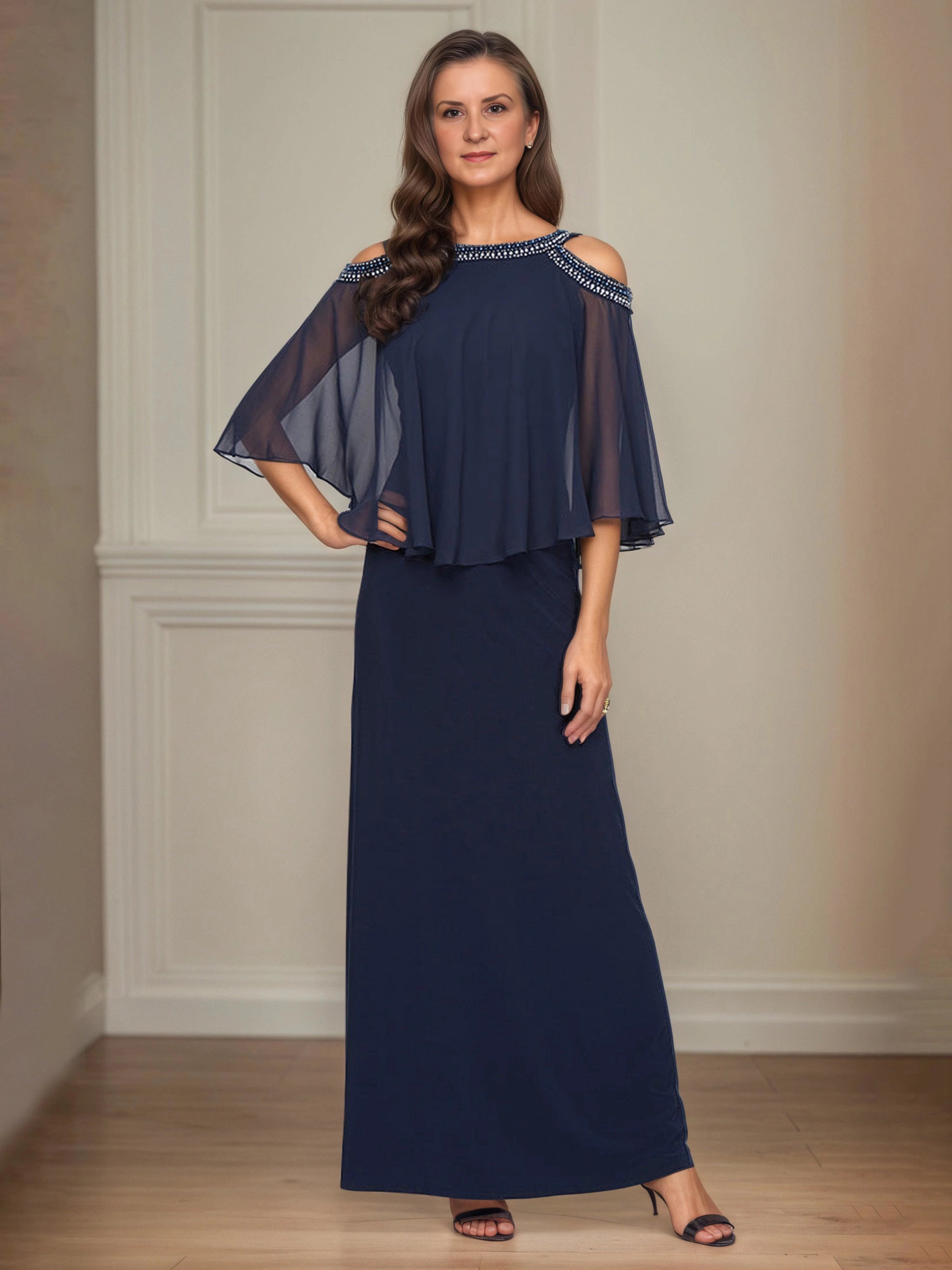 Glamorous Sheath Jewel Neck Cape Sleeve Zip Back Floor Length Mother of the Bride Dress