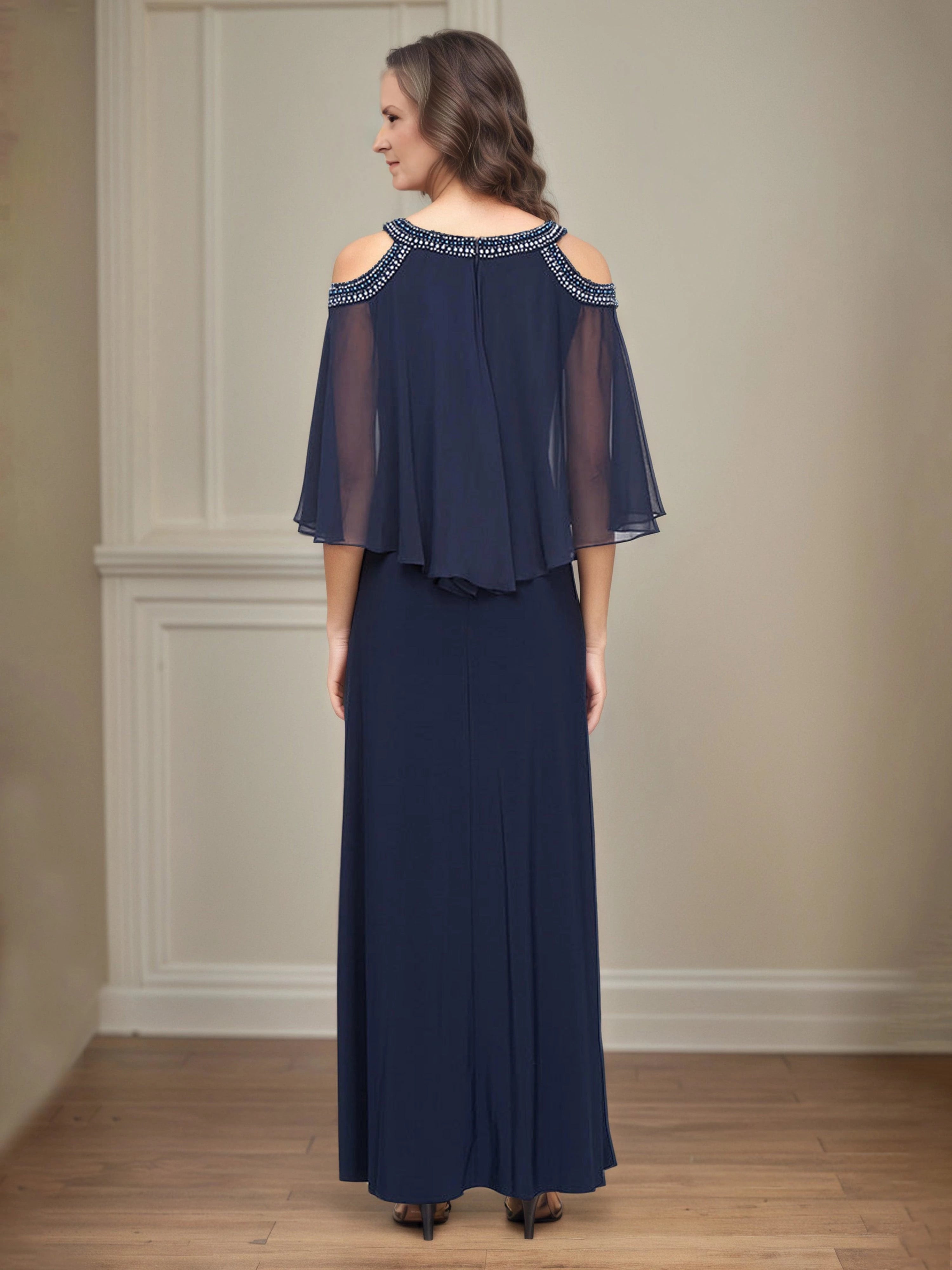 Glamorous Sheath Jewel Neck Cape Sleeve Zip Back Floor Length Mother of the Bride Dress