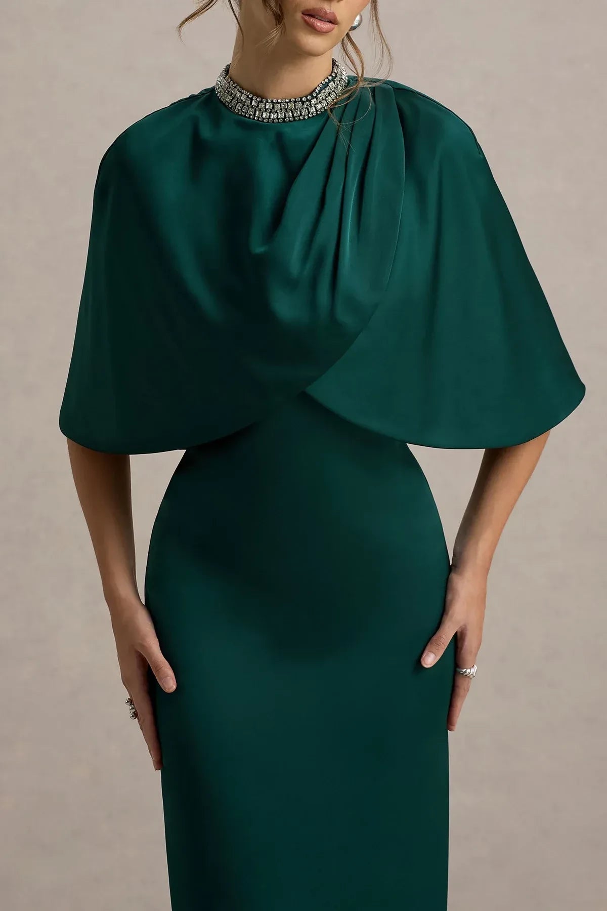 Glamorous Sheath Mock Neck Cape Sleeve Zipper Back Floor Length Evening Dress