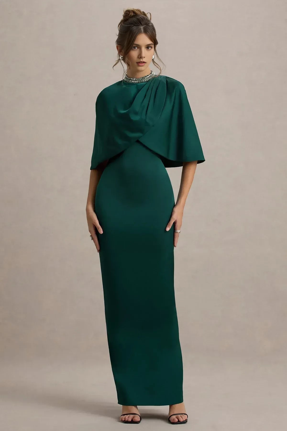 Glamorous Sheath Mock Neck Cape Sleeve Zipper Back Floor Length Evening Dress