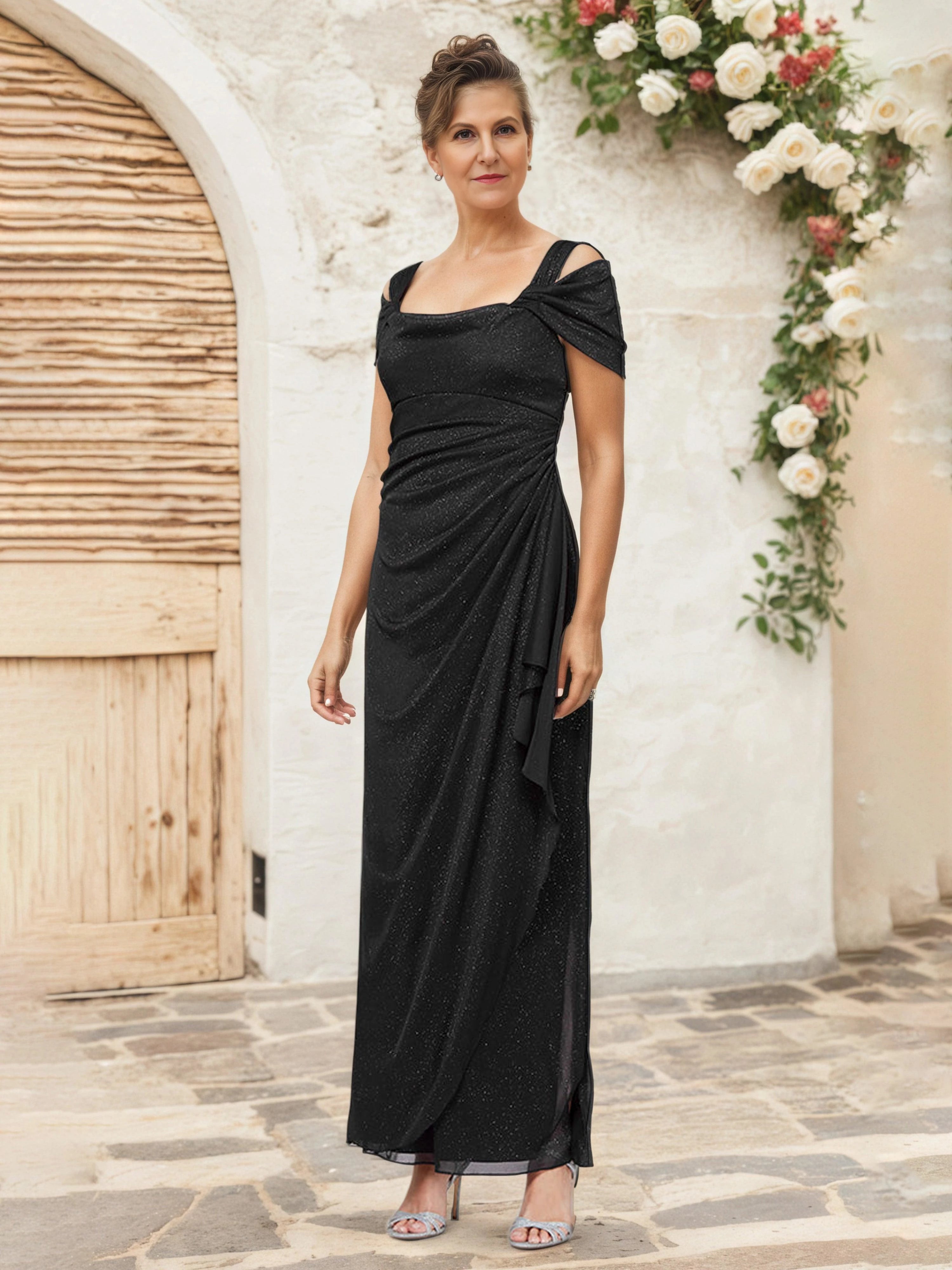 Glamorous Sheath Off Shoulder Cold Shoulder Ruched Back Floor Length Mother of the Bride Dress