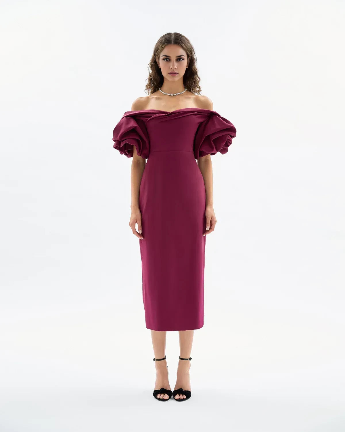 Glamorous Sheath Off Shoulder Puff Sleeve Back Zip Midi Length Prom Dress