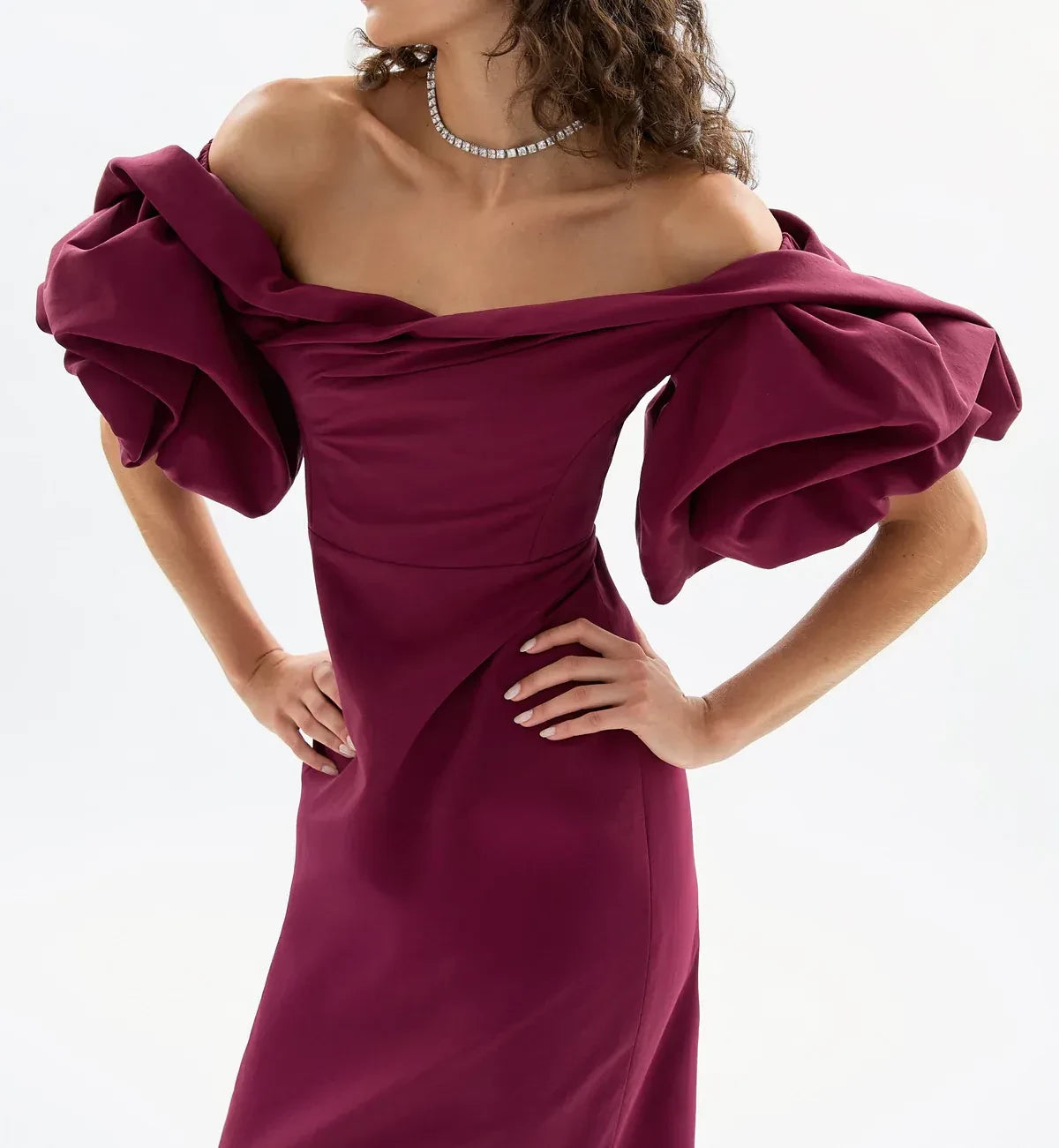 Glamorous Sheath Off Shoulder Puff Sleeve Back Zip Midi Length Prom Dress