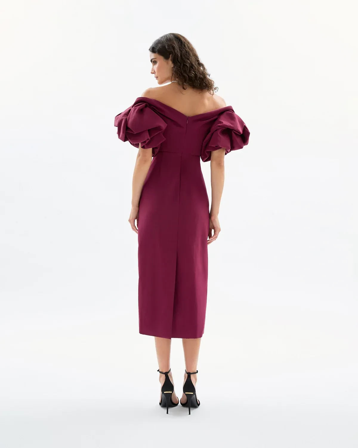 Glamorous Sheath Off Shoulder Puff Sleeve Back Zip Midi Length Prom Dress