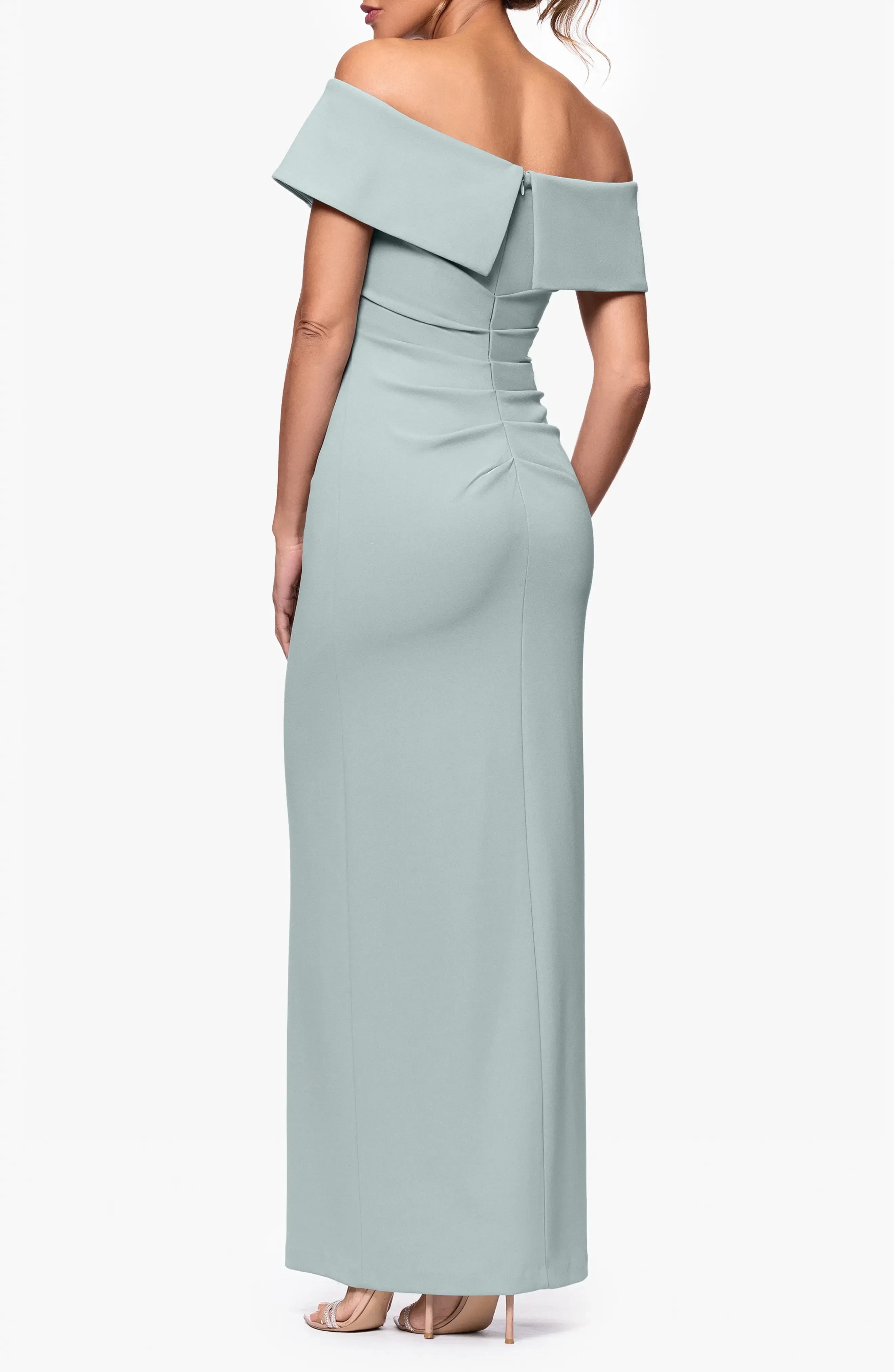 Glamorous Sheath Off The Shoulder Short Sleeve Ruched Back Floor Length Evening Dress