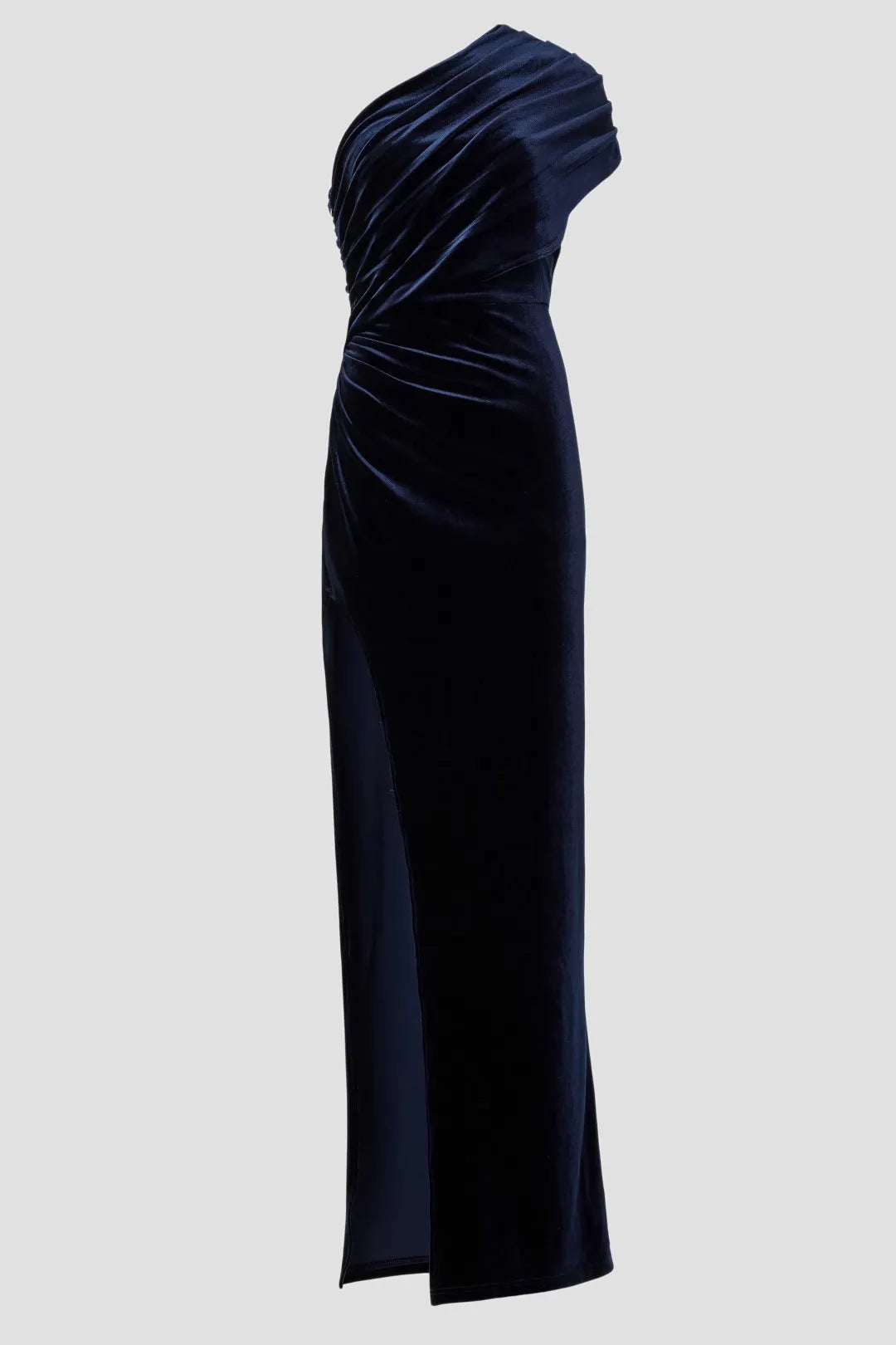 Glamorous Sheath One Shoulder Draped Sleeve High Slit Floor Length Plus Size Prom Dress