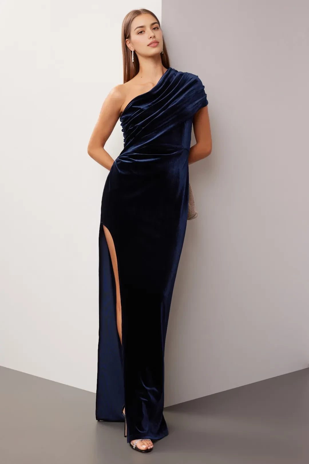 Glamorous Sheath One Shoulder Draped Sleeve High Slit Floor Length Plus Size Prom Dress