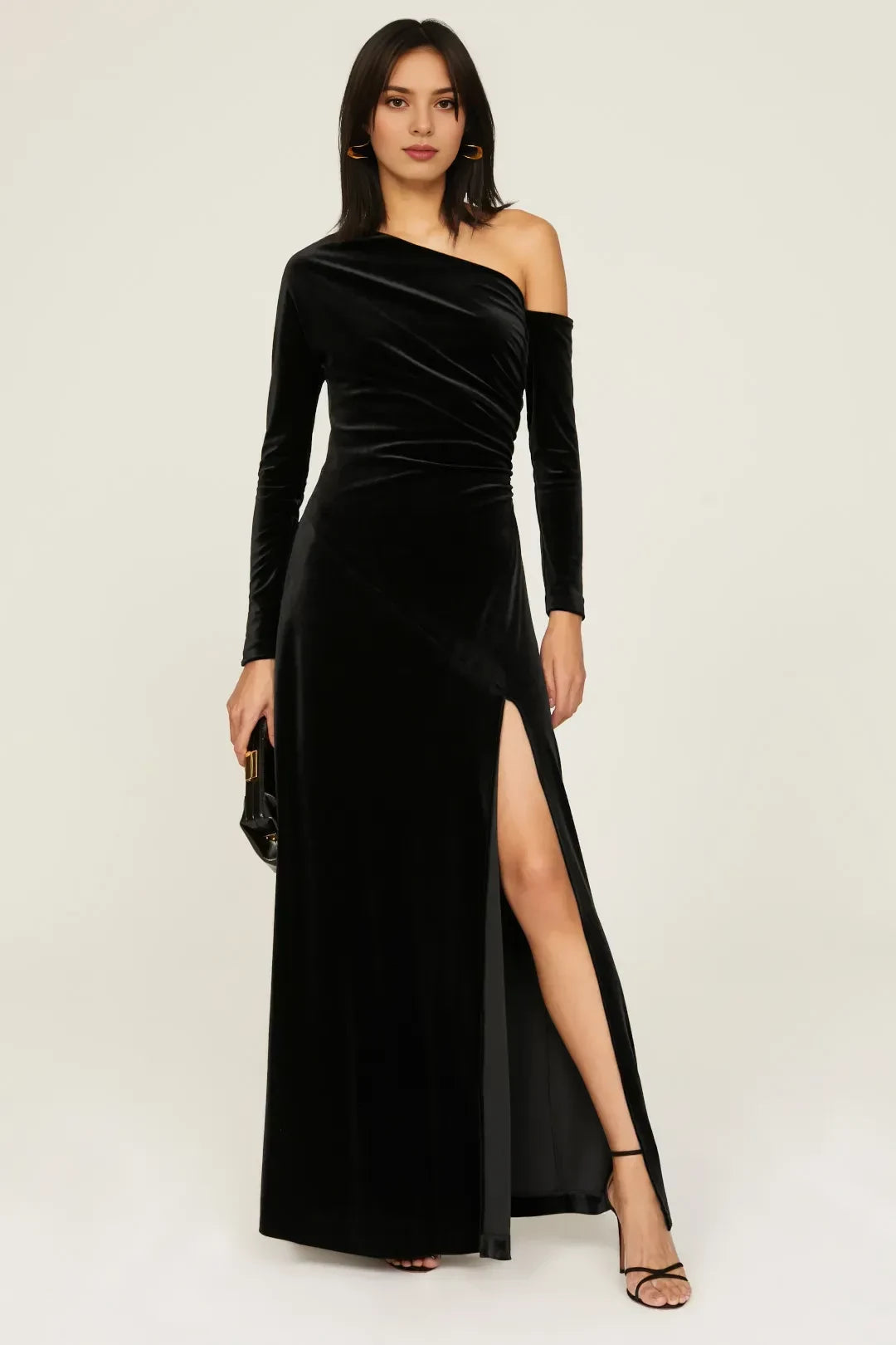 Glamorous Sheath One Shoulder Ruched Bodice High Slit Floor Length Plus Size Prom Dress