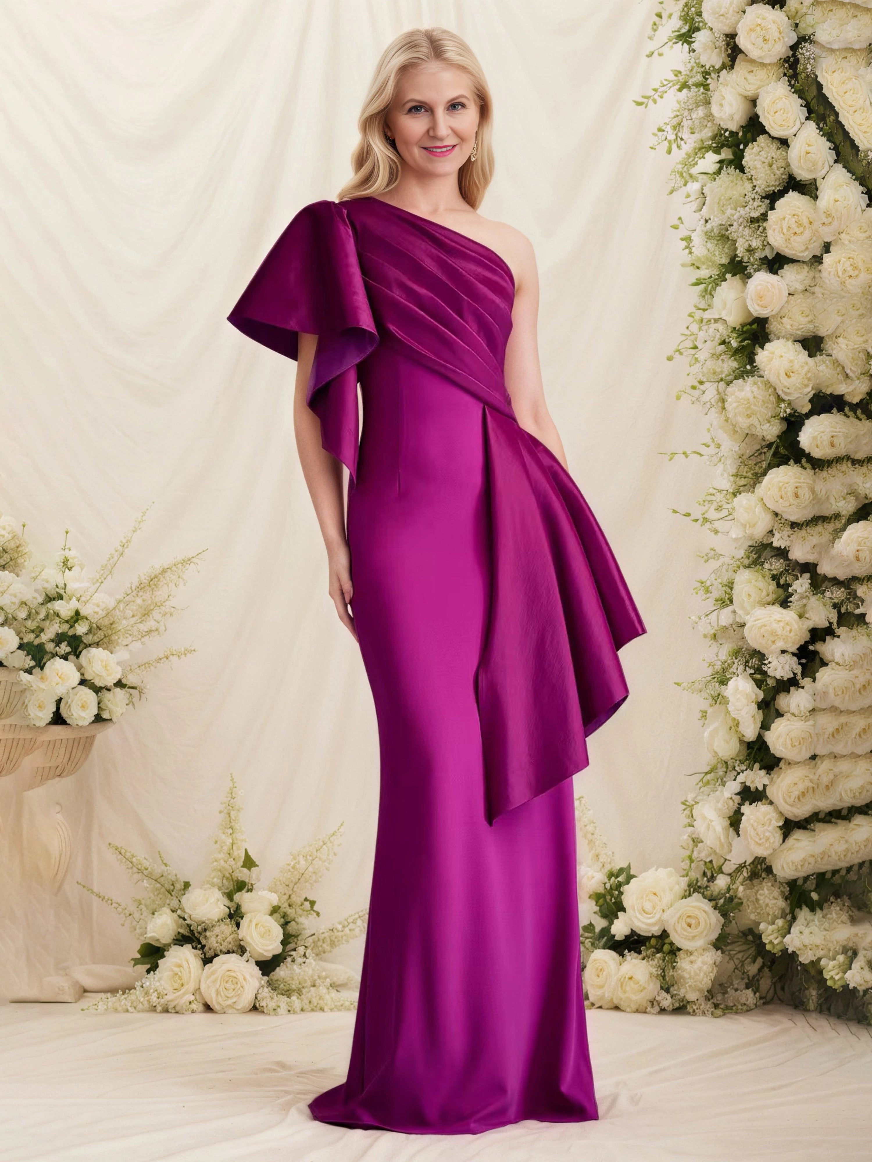 Glamorous Sheath One Shoulder Ruffled Sleeveless Zip Back Floor Length Mother of the Bride Dress