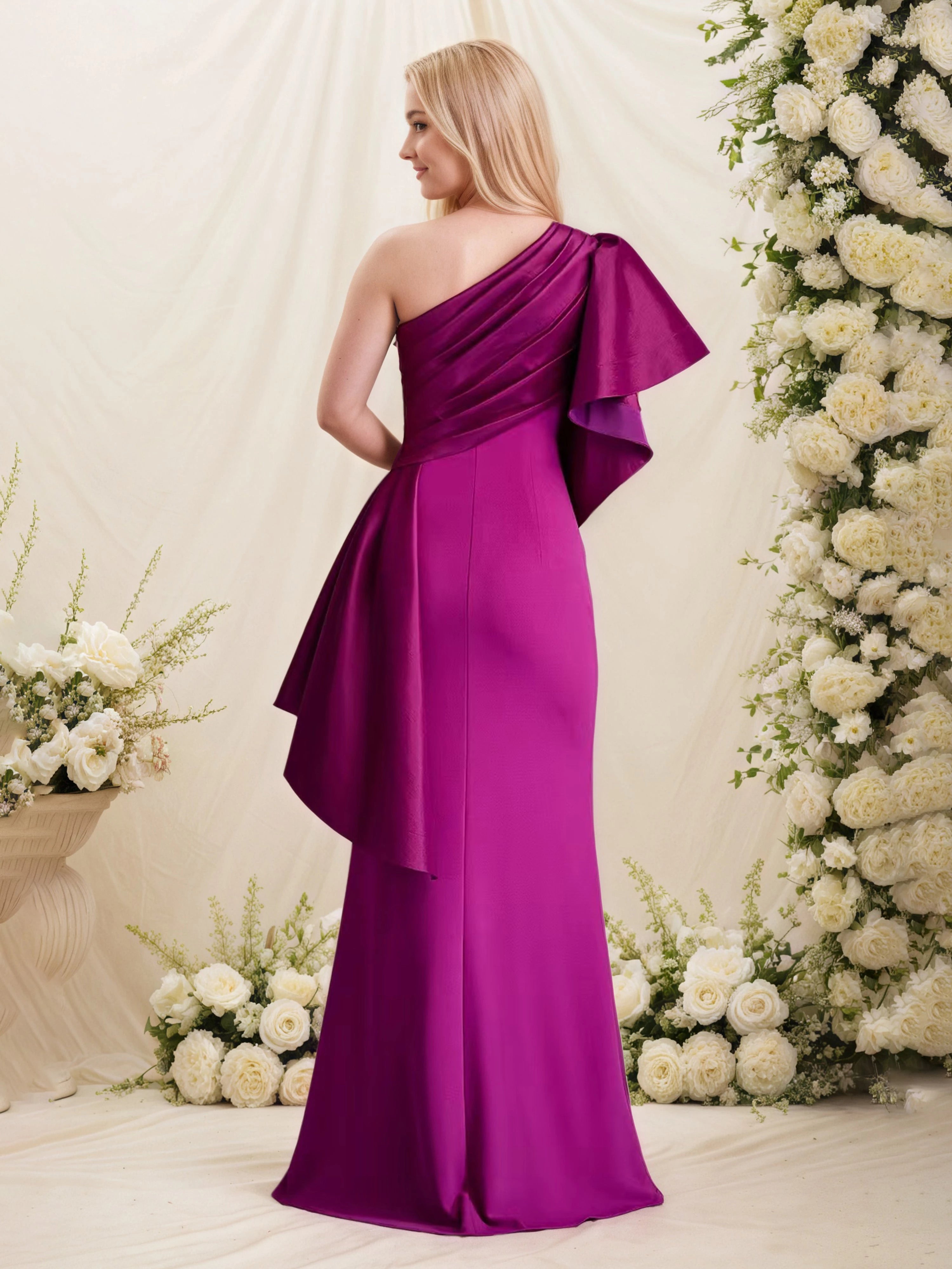 Glamorous Sheath One Shoulder Ruffled Sleeveless Zip Back Floor Length Mother of the Bride Dress