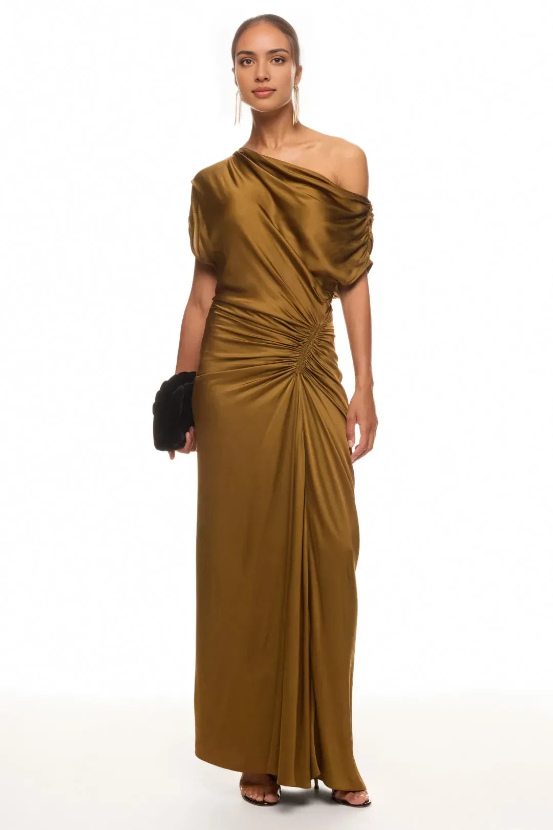 Glamorous Sheath One Shoulder Short Sleeve Ruched Bodice Floor Length Plus Size Prom Dress