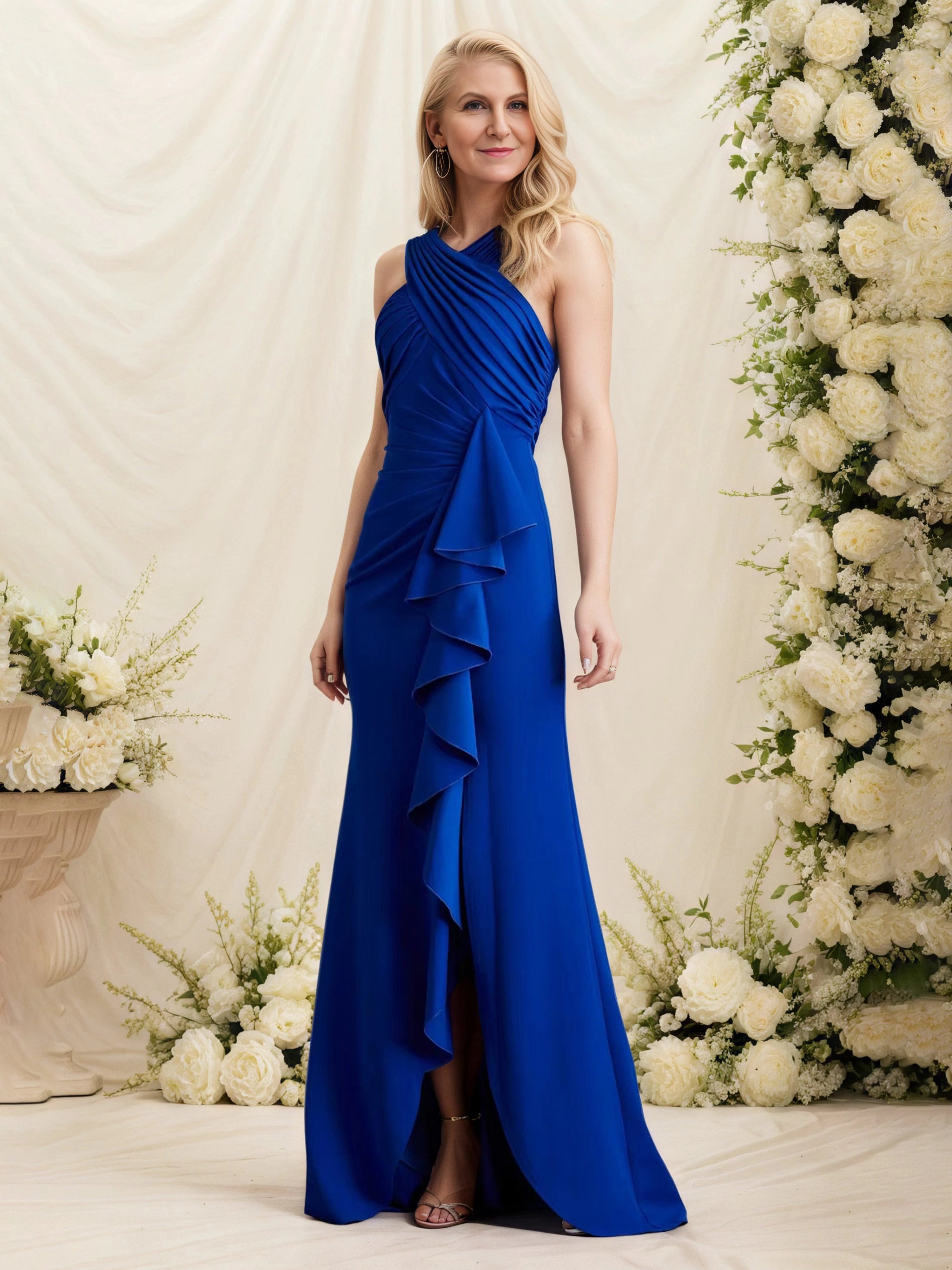 Glamorous Sheath One Shoulder Sleeveless Open Back Floor Length Mother of the Bride Dress