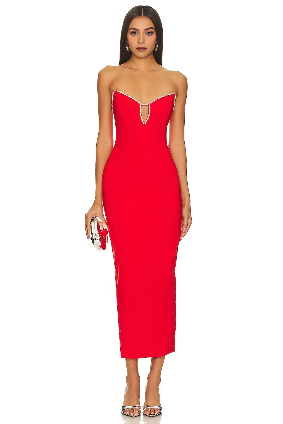 Glamorous Sheath Strapless Crystal Trimmed Back Slit Midi Length Evening Dress