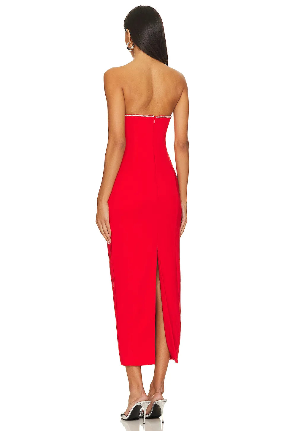 Glamorous Sheath Strapless Crystal Trimmed Back Slit Midi Length Evening Dress