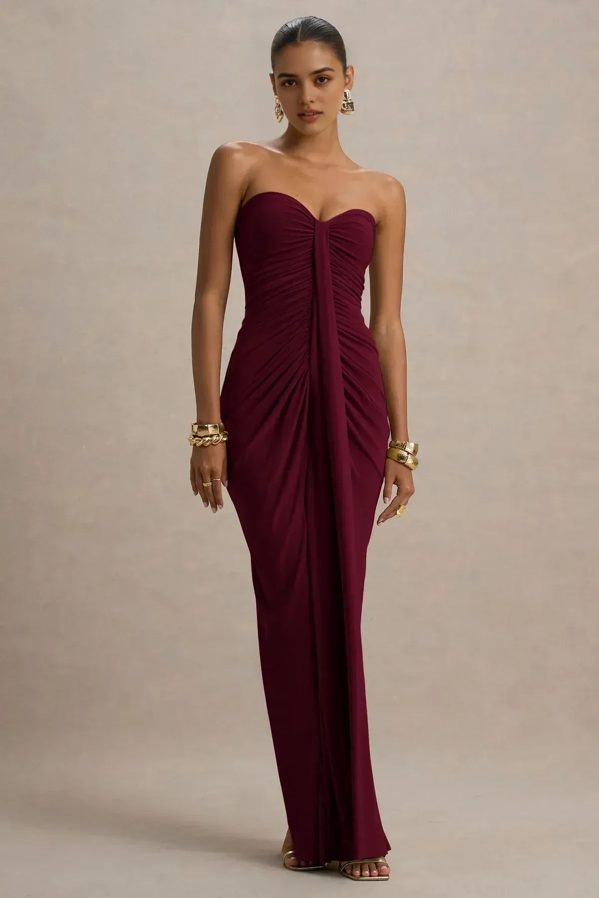 Glamorous Sheath Strapless Sleeveless Ruched Back Floor Length Evening Dress