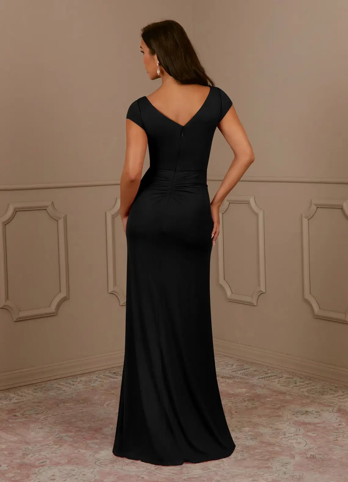 Glamorous Sheath V Neck Cap Sleeve Ruched Back Floor Length Mother of the Bride Dress