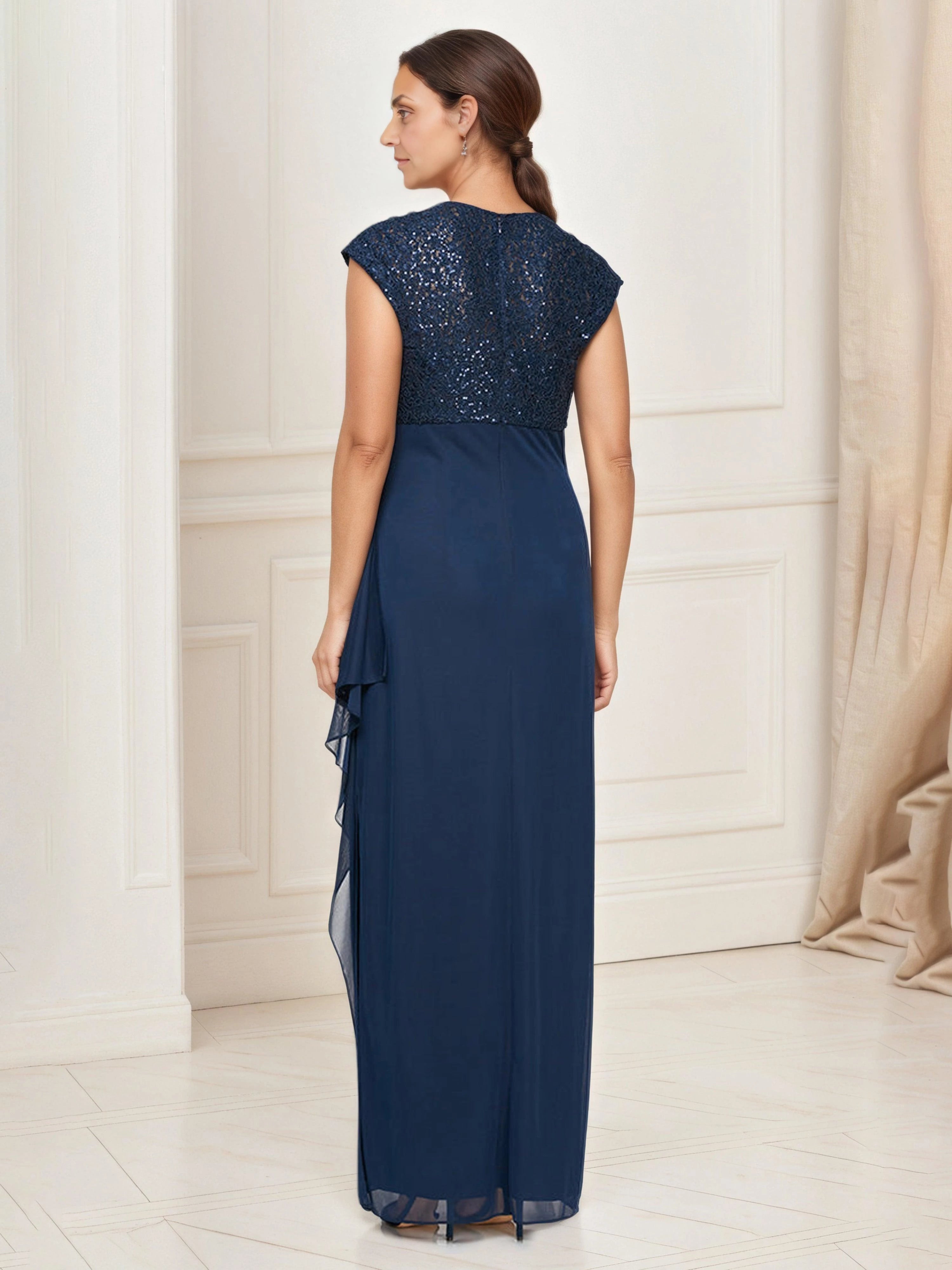 Glamorous Sheath V Neck Cap Sleeve Zip Back Floor Length Mother of the Bride Dress