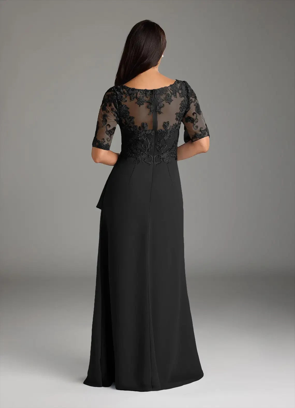 Glamorous Sheath V Neck Three Quarter Lace Sleeve Zip Back Floor Length Mother of the Bride Dress
