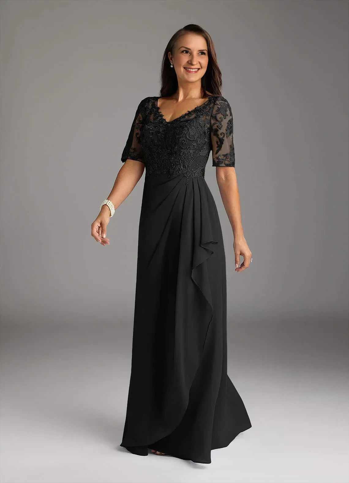 Glamorous Sheath V Neck Three Quarter Lace Sleeve Zip Back Floor Length Mother of the Bride Dress