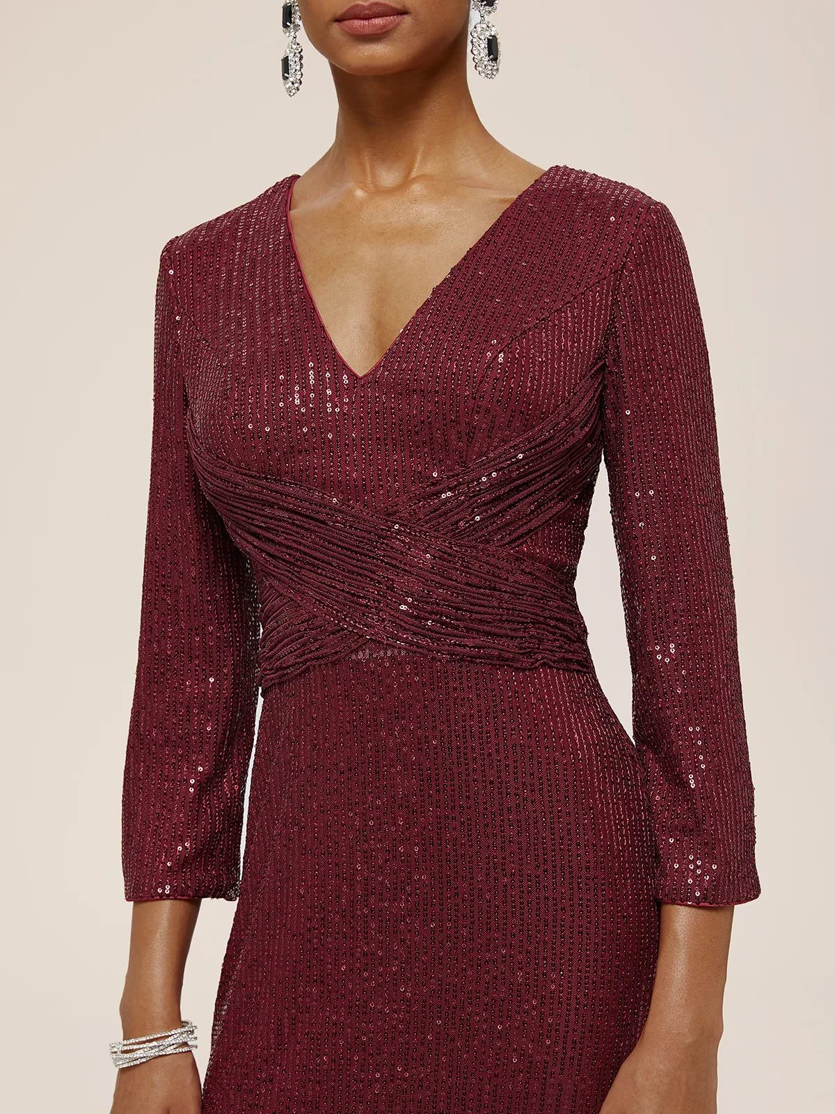 Glamorous Sheath V Neck Three Quarter Sleeve Zip Back Floor Length Mother of the Bride Dress