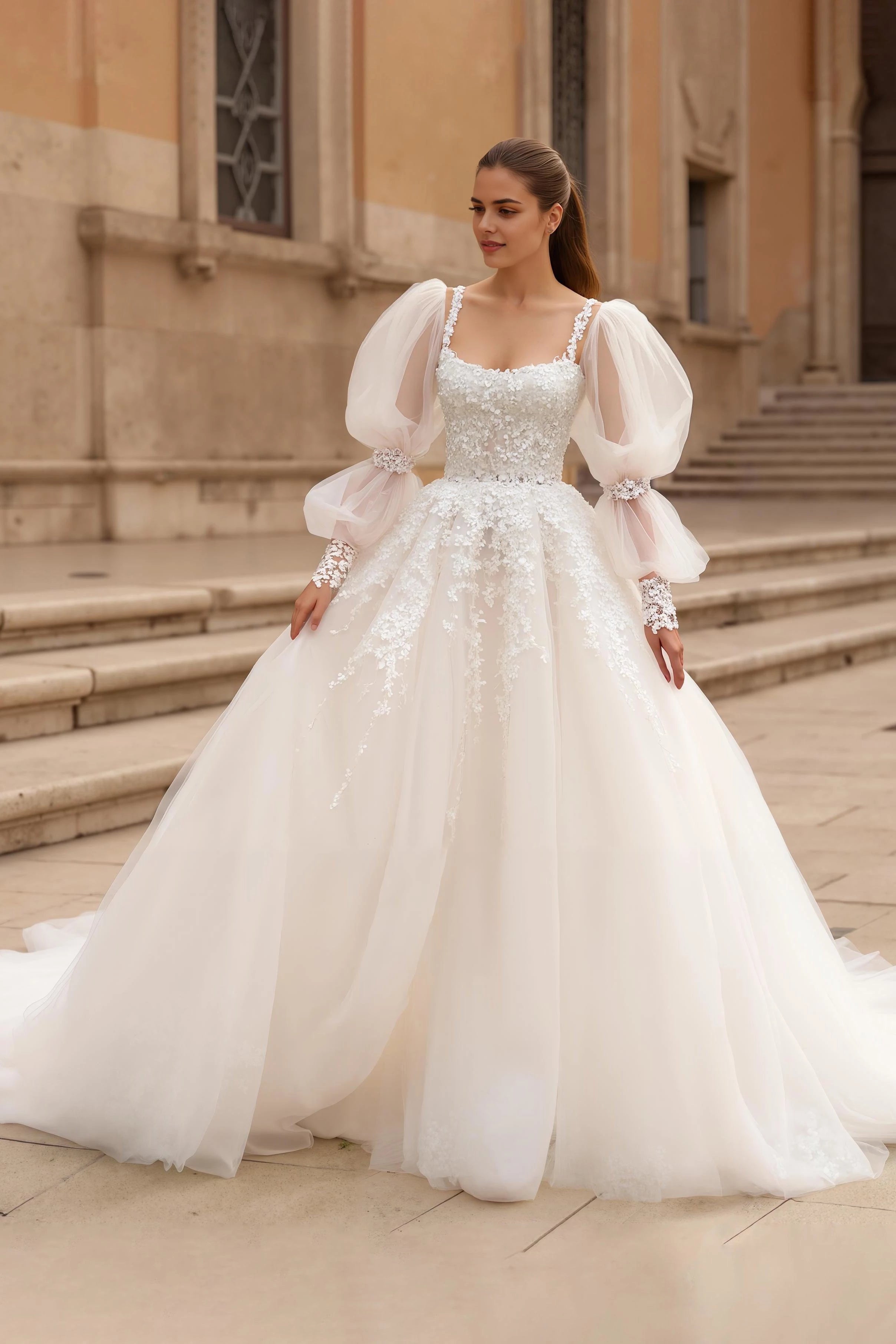 Glamorous Sweetheart Neck Puff Sleeve Open Back Floor Length Wedding Dress