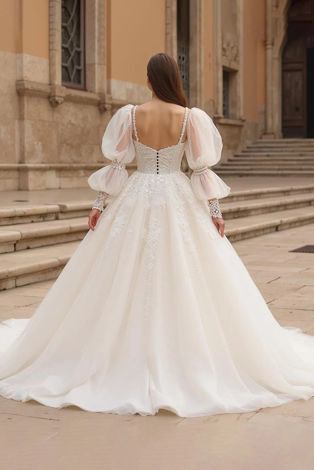 Glamorous Sweetheart Neck Puff Sleeve Open Back Floor Length Wedding Dress