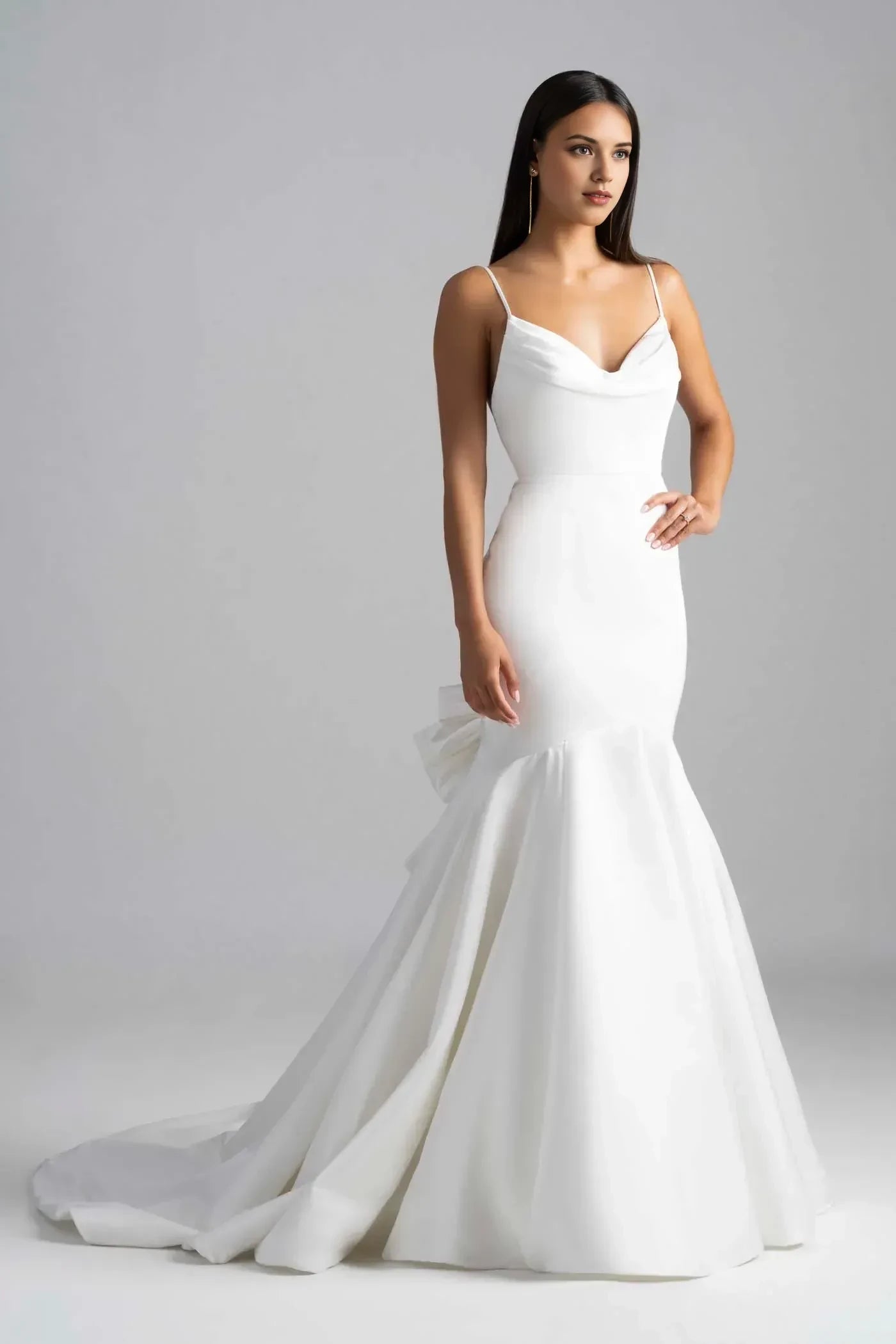 Glamorous Trumpet Cowl Neck Spaghetti Strap Bow Back Floor Length Wedding Dress