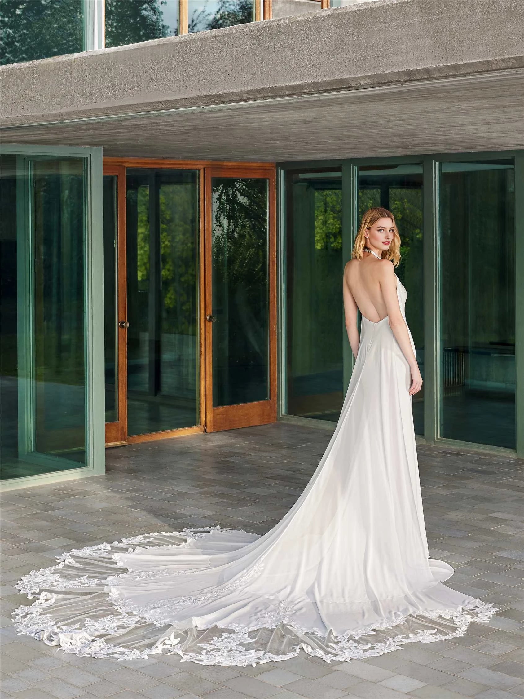 Glamorous Trumpet Halter Neck Sleeveless Open Back Floor Length Wedding Dress