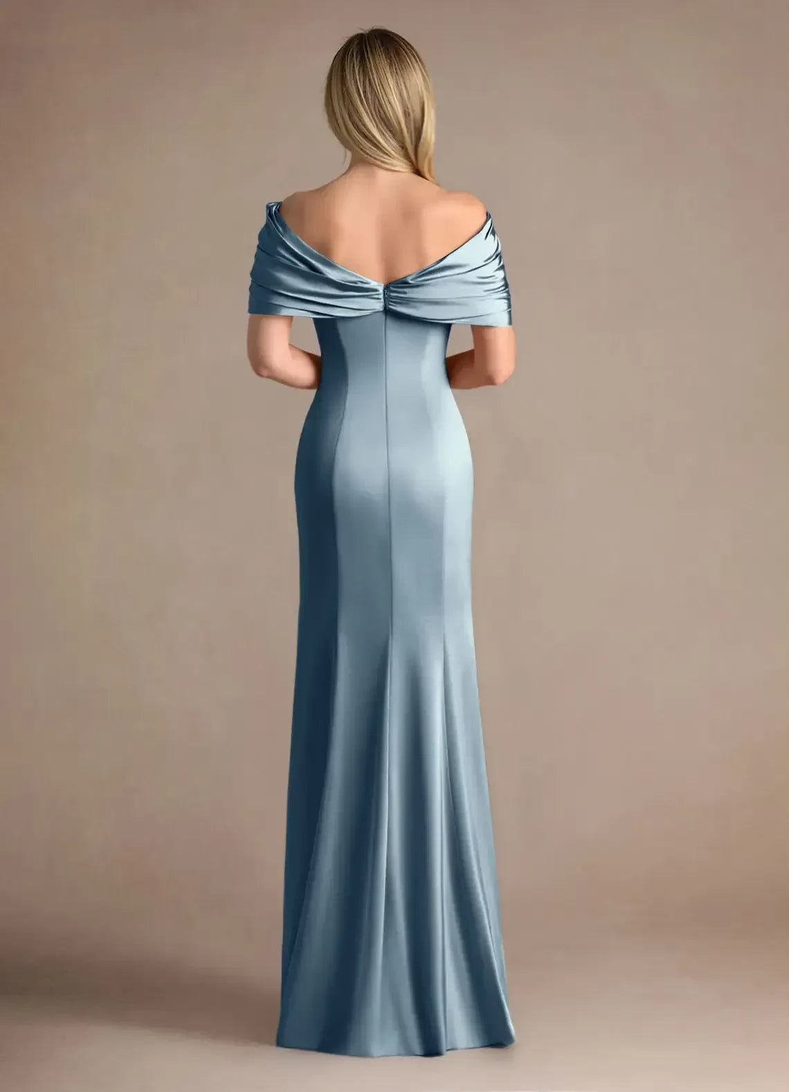Glamorous Trumpet Off Shoulder Short Sleeve Draped Back Floor Length Mother of the Bride Dresses