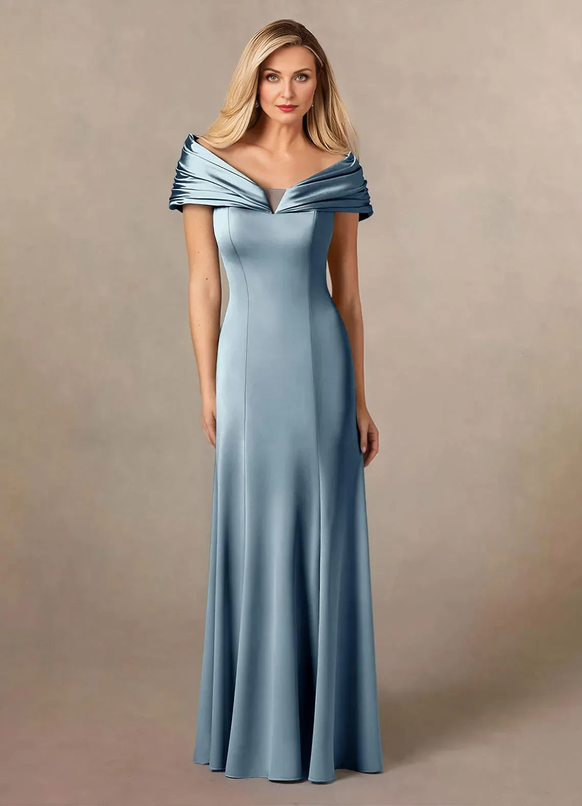 Glamorous Trumpet Off Shoulder Short Sleeve Draped Back Floor Length Mother of the Bride Dresses