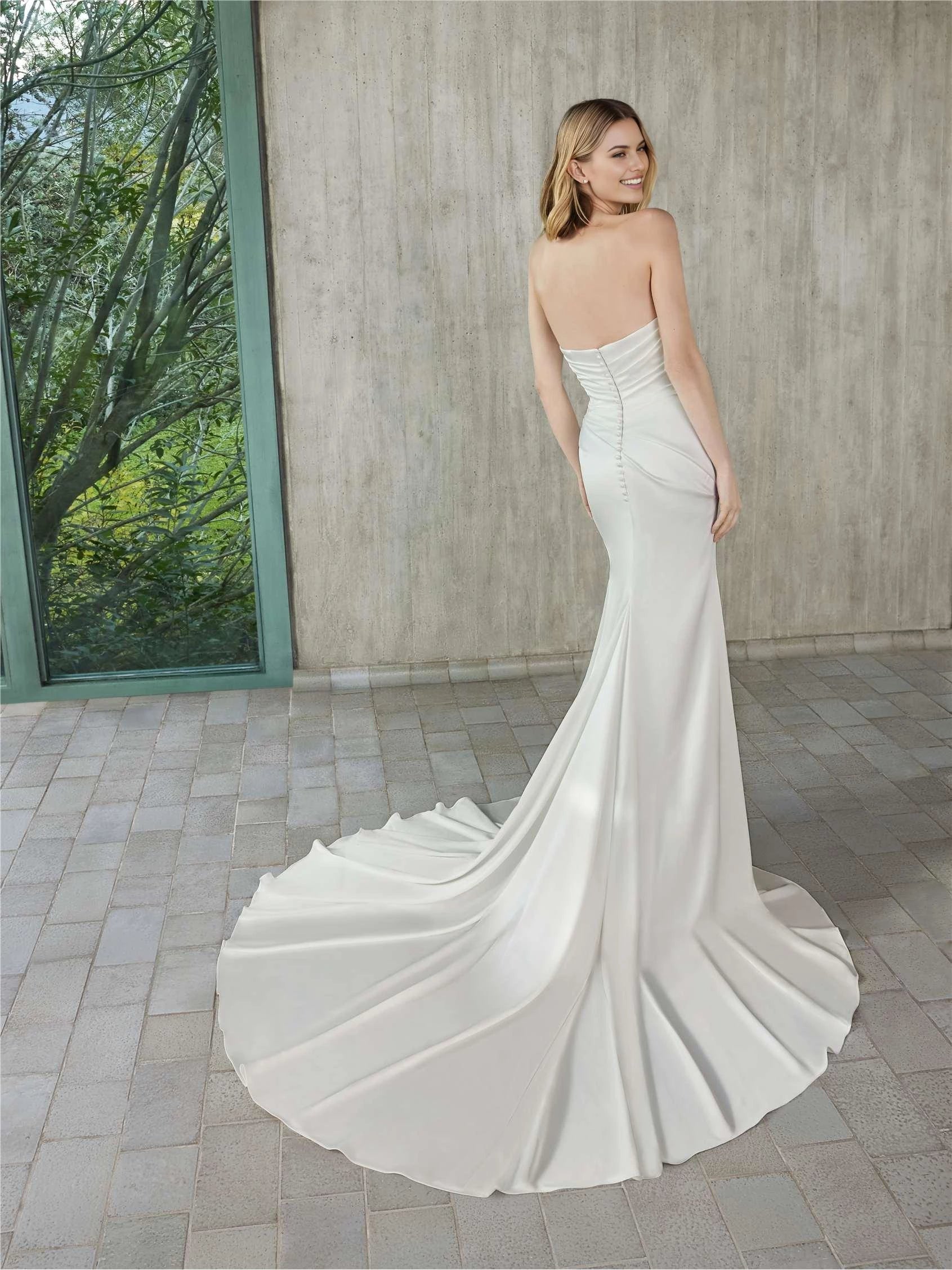 Glamorous Trumpet Off The Shoulder Short Sleeve Button Back Floor Length Wedding Dress