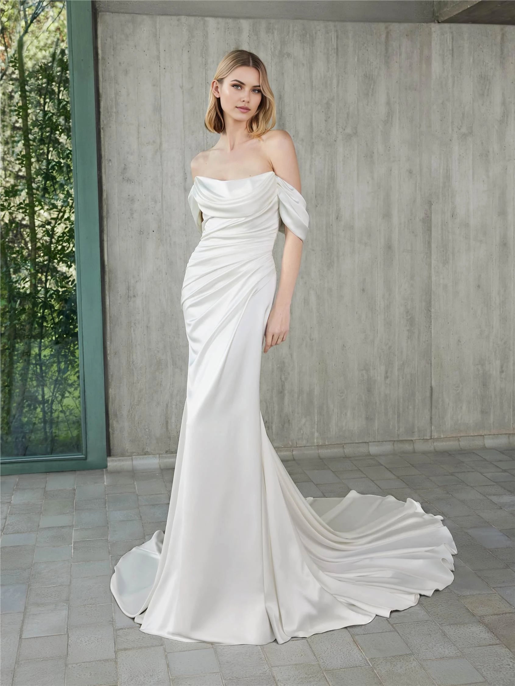 Glamorous Trumpet Off The Shoulder Short Sleeve Button Back Floor Length Wedding Dress
