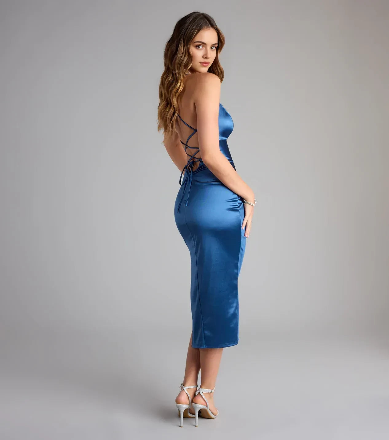 Glamorous Trumpet Plunge Neck Spaghetti Strap Lace Up Back Midi Length Prom Dress