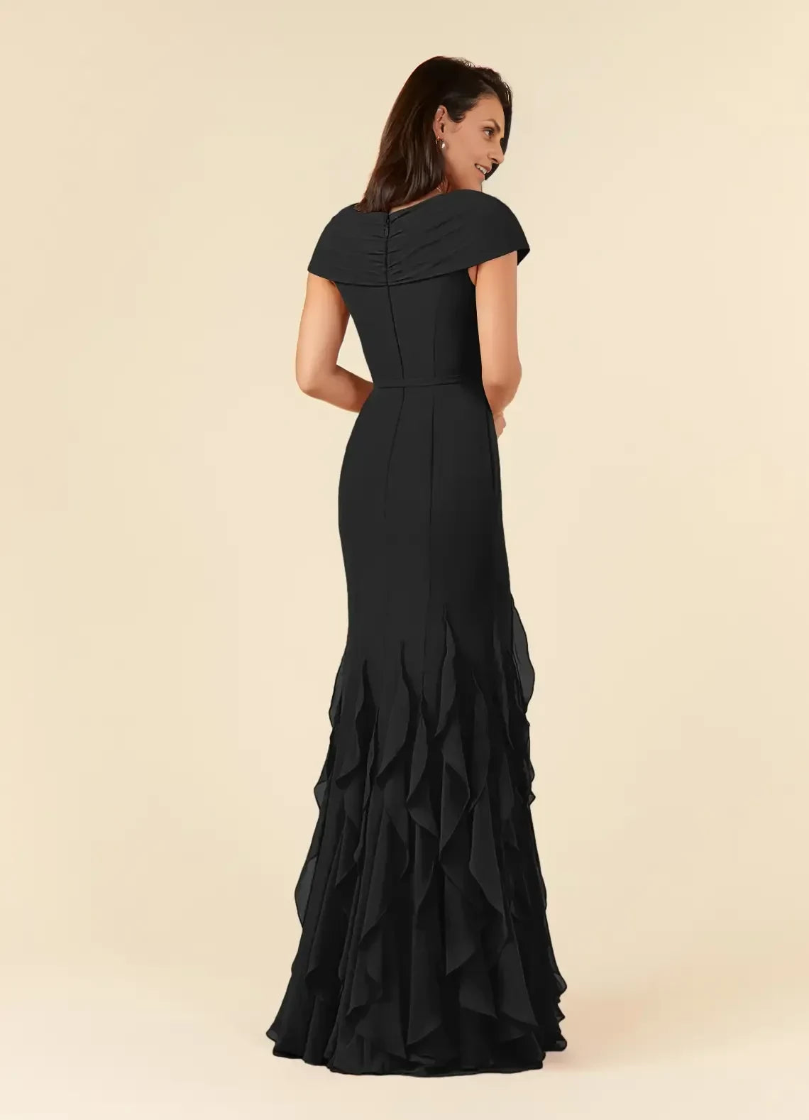 Glamorous Trumpet V Neck Cap Sleeve Zip Back Floor Length Mother of the Bride Dress