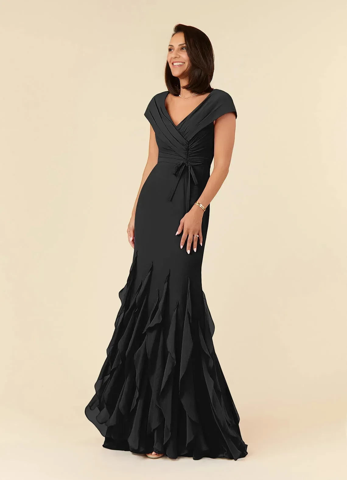 Glamorous Trumpet V Neck Cap Sleeve Zip Back Floor Length Mother of the Bride Dress