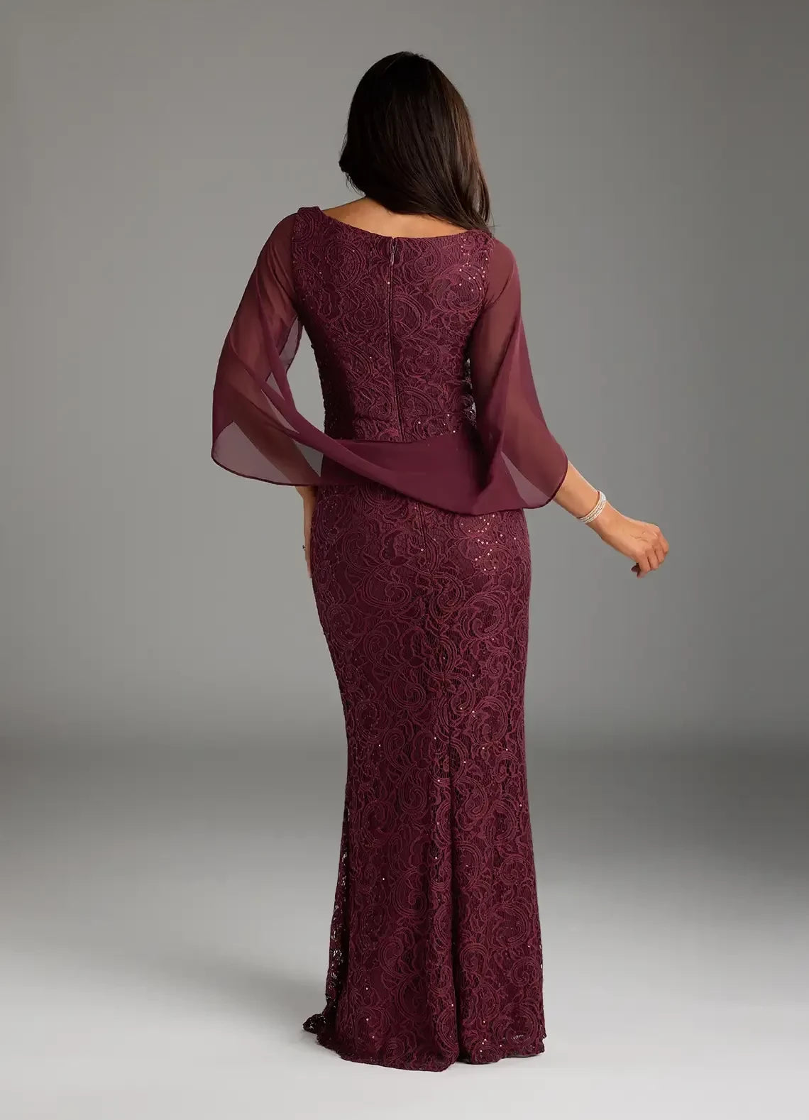 Glamorous Trumpet V Neck Chiffon Sleeve Zipper Back Floor Length Mother of the Bride Dress