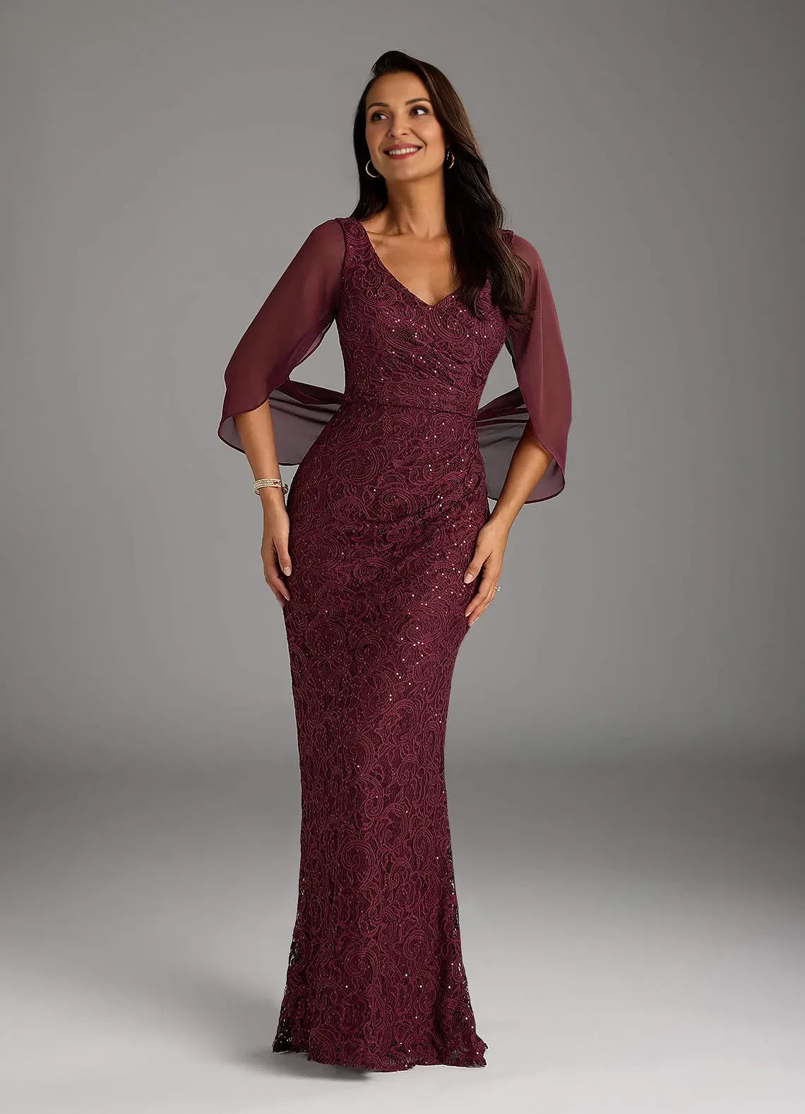 Glamorous Trumpet V Neck Chiffon Sleeve Zipper Back Floor Length Mother of the Bride Dress