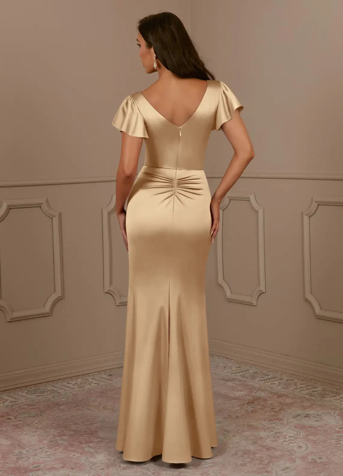 Glamorous Trumpet V Neck Flutter Sleeve Ruched Back Floor Length Mother of the Bride Dress