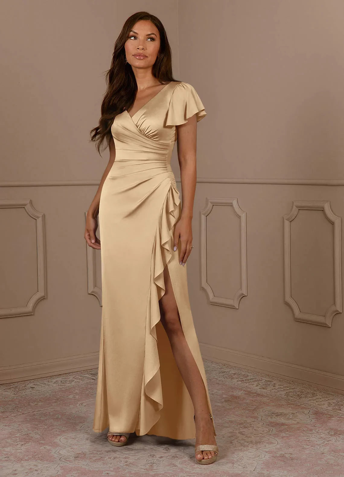Glamorous Trumpet V Neck Flutter Sleeve Ruched Back Floor Length Mother of the Bride Dress