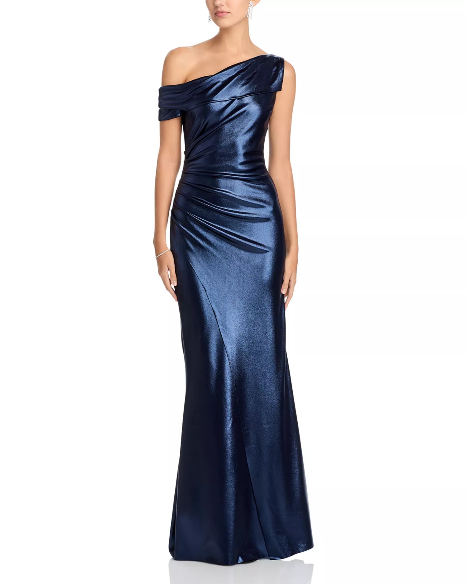 Glossy Mermaid One Shoulder Off the Shoulder Ruched Back Floor Length For Sale Prom Dress