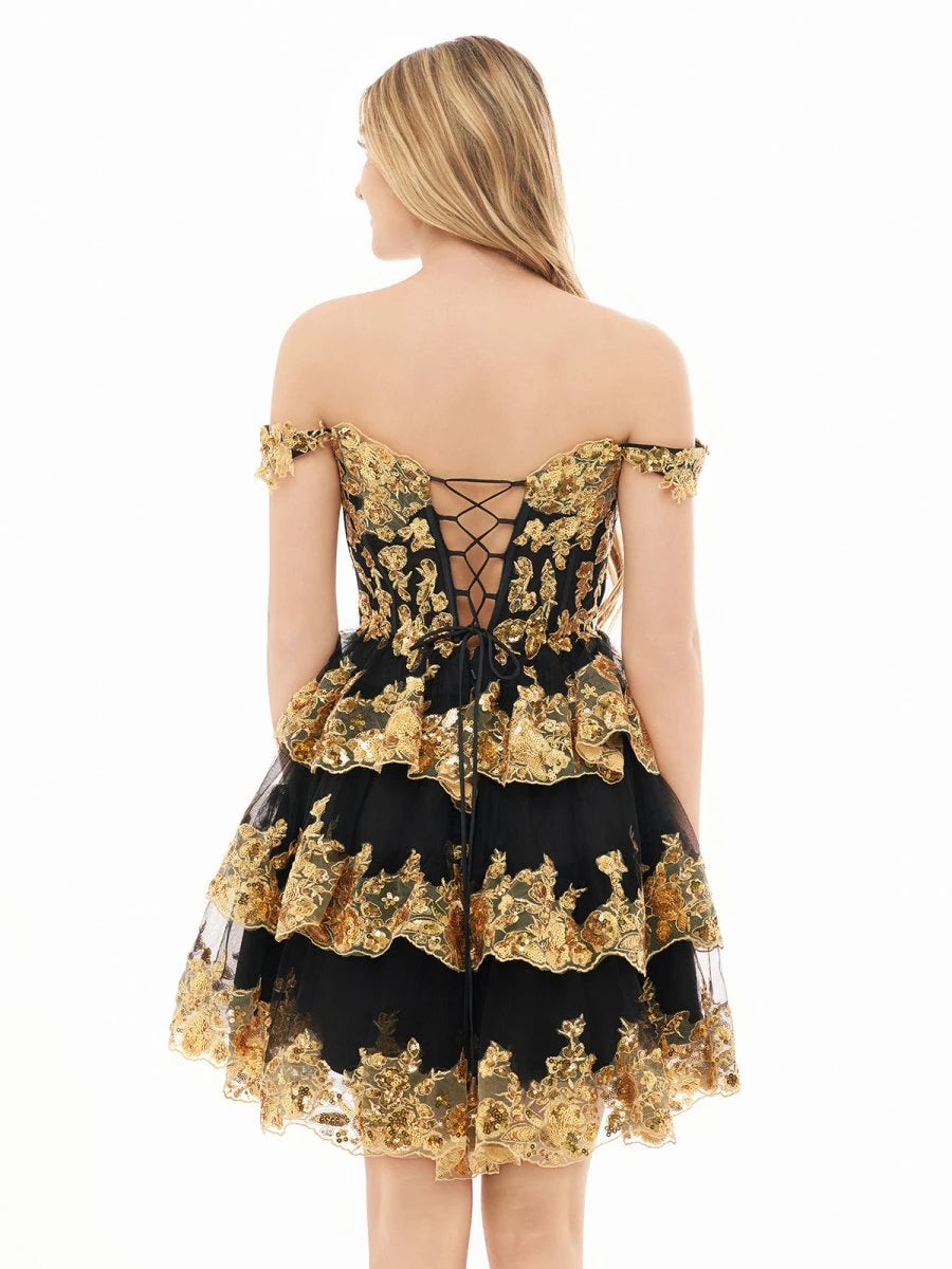 Gold Black A-Line Sweetheart Tiered Short Length Off-the-Shoulder Sweetheart Neckline Sleeveless Lace-up Back Ruffles Sequins