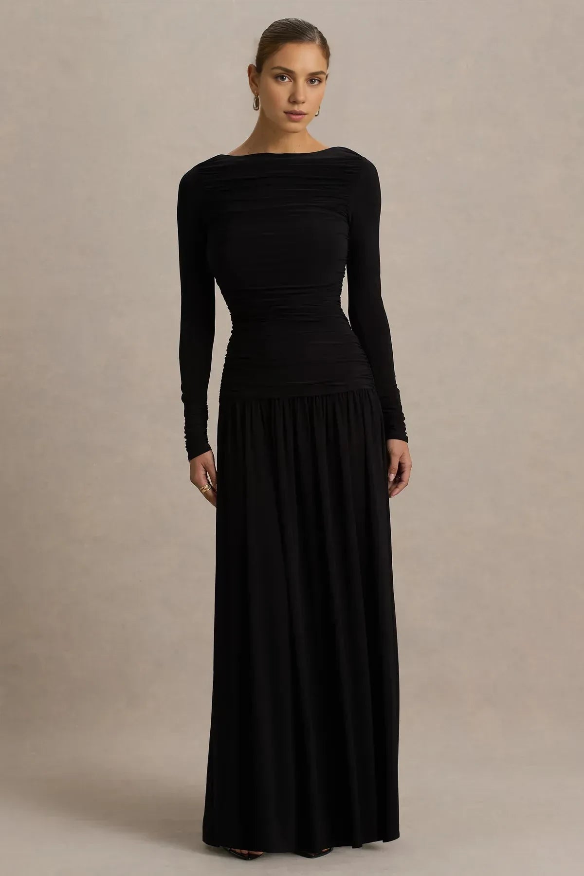 Gorgeous A Line Boat Neck Long Sleeve Ruched Back Floor Length Evening Dress