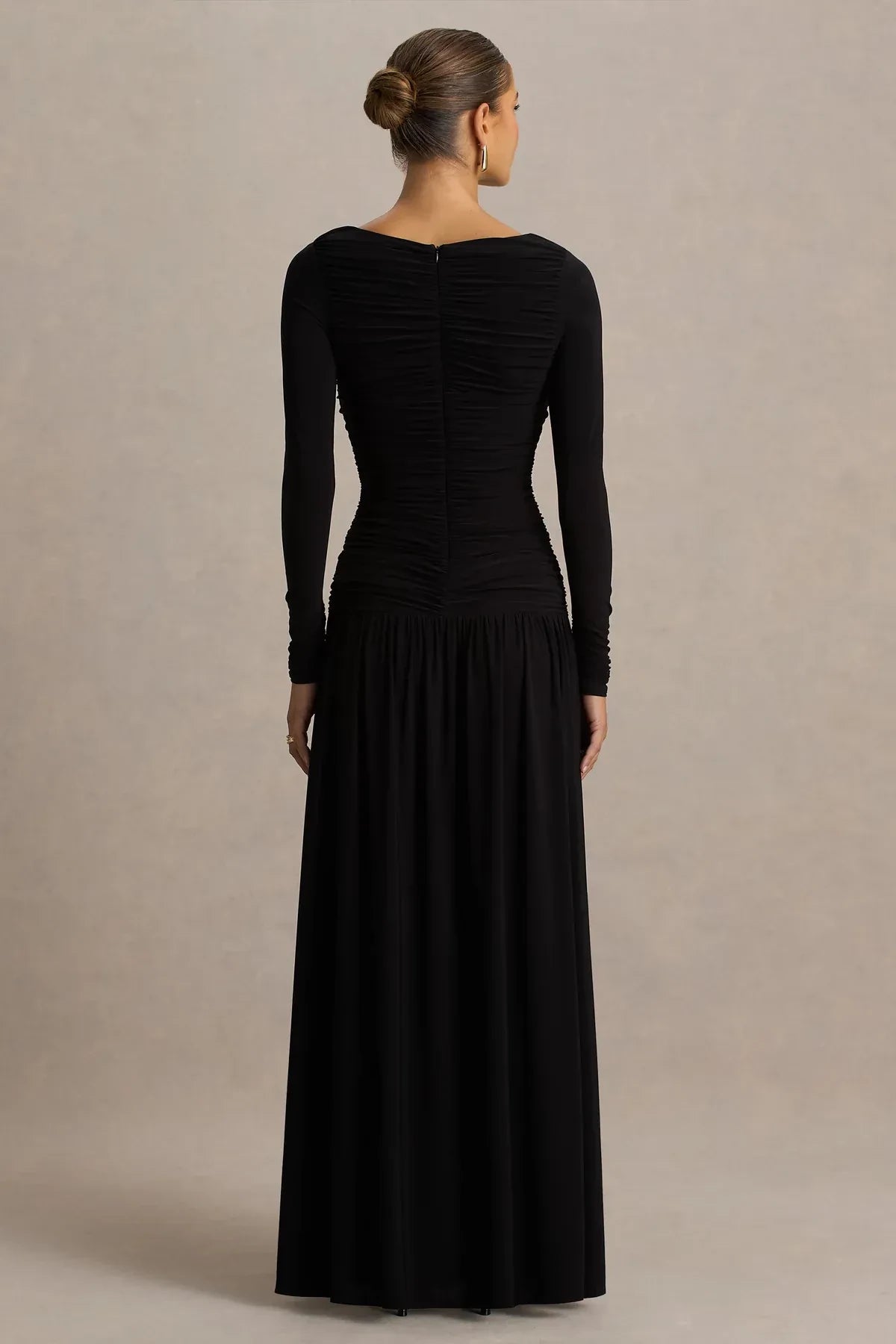 Gorgeous A Line Boat Neck Long Sleeve Ruched Back Floor Length Evening Dress